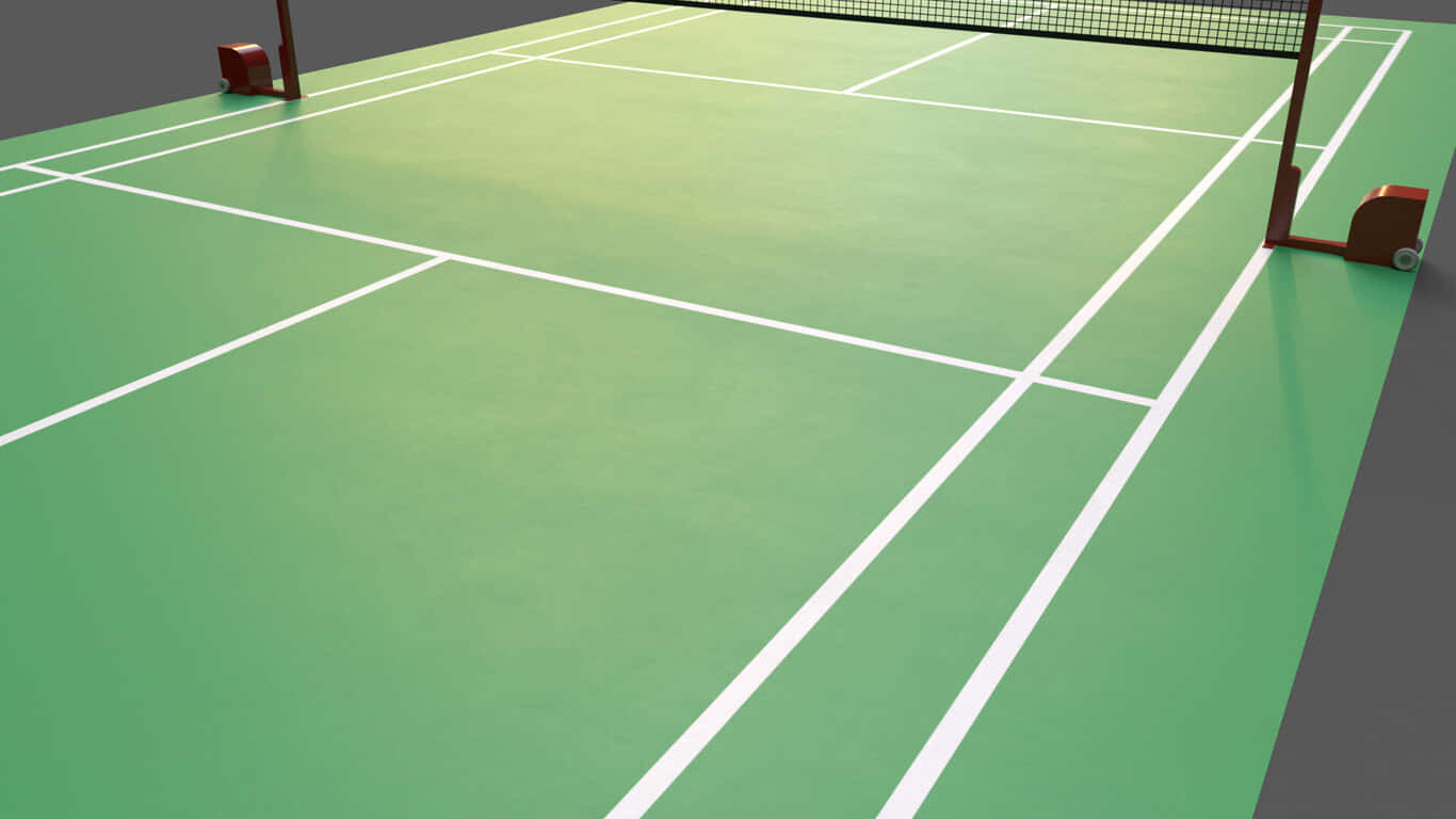 1366x768 Badminton 桌布 壁紙 — 高角度拍攝的綠色網球場，帶有清晰的白線和網柱，光線均勻。