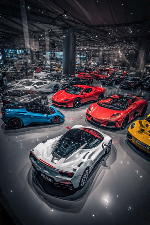 Luxury Car Collection Showroom  BMW, Ferrari, Lamborghini, Porsche 4K 壁紙 — 高角度視角下的豪華跑車，位於時尚現代展廳，配有反射地板和戲劇性燈光。