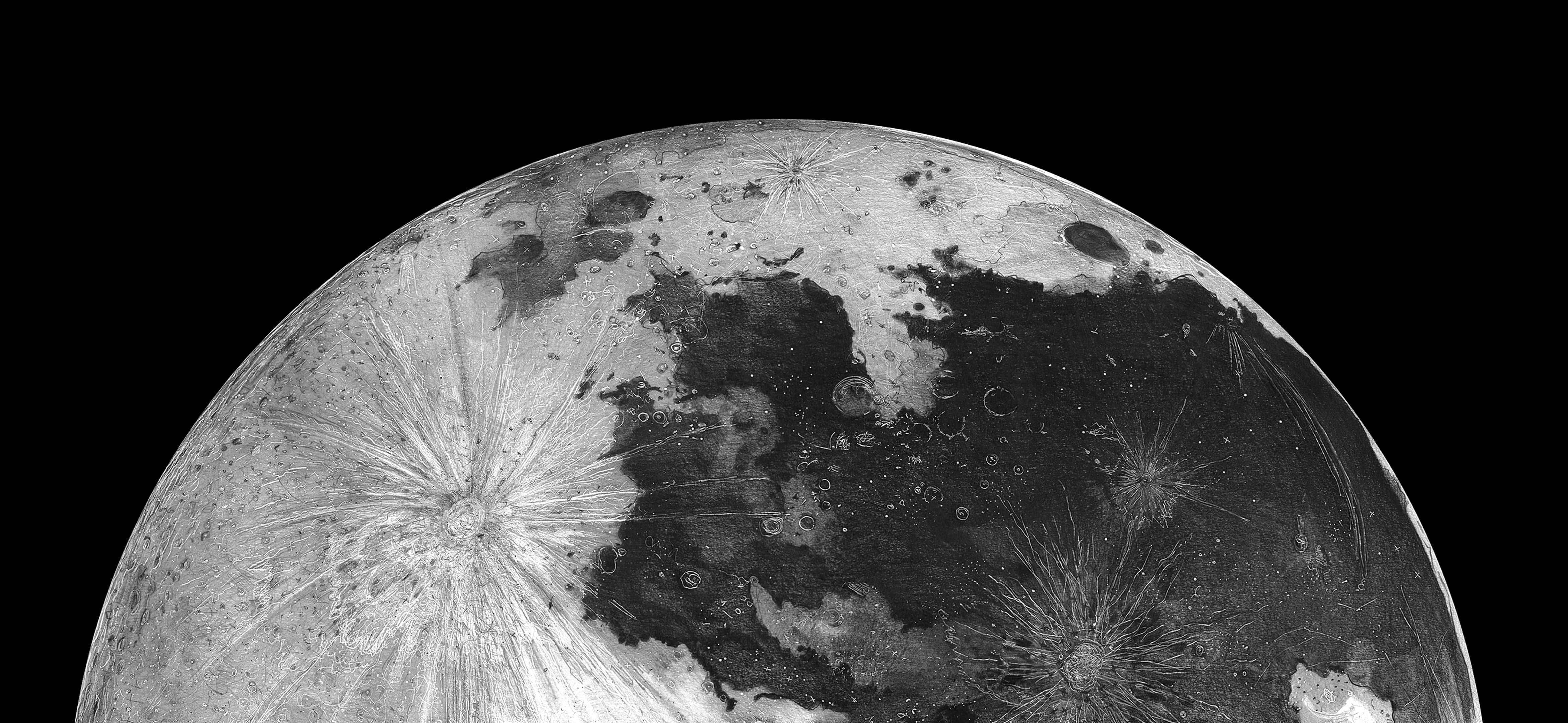 Cool Moon 桌布 壁紙 — 高解析度灰階視圖，顯示月球佈滿隕石坑的表面，背景為黑色虛空。