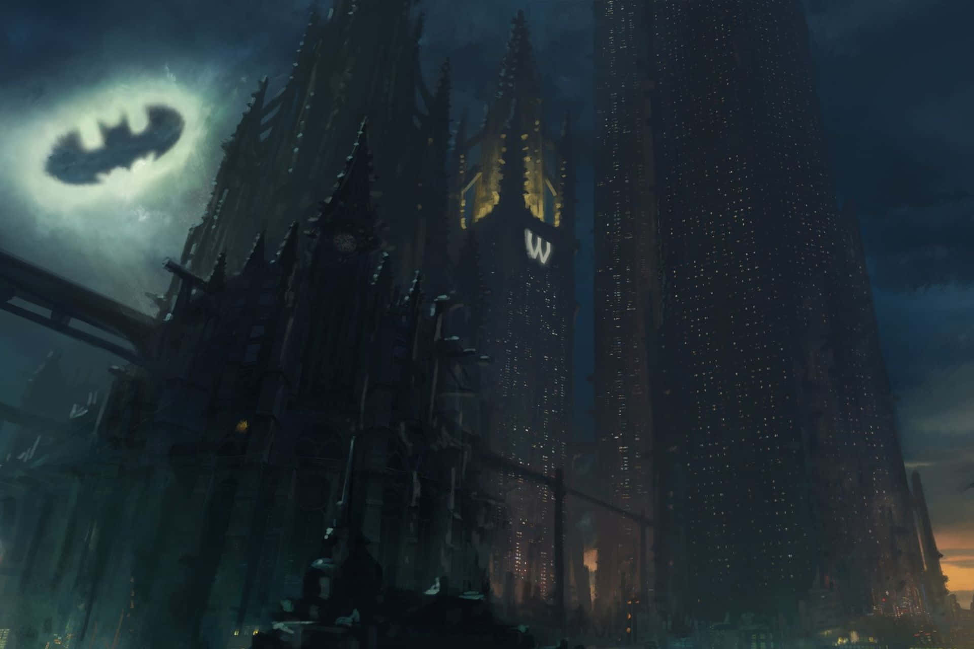 Bat Signal 桌布 壁紙 — 高譚市夜景，蝙蝠俠標誌在月光照耀的天空中發光，下方是哥德式尖塔和霓虹燈閃爍的摩天大樓。