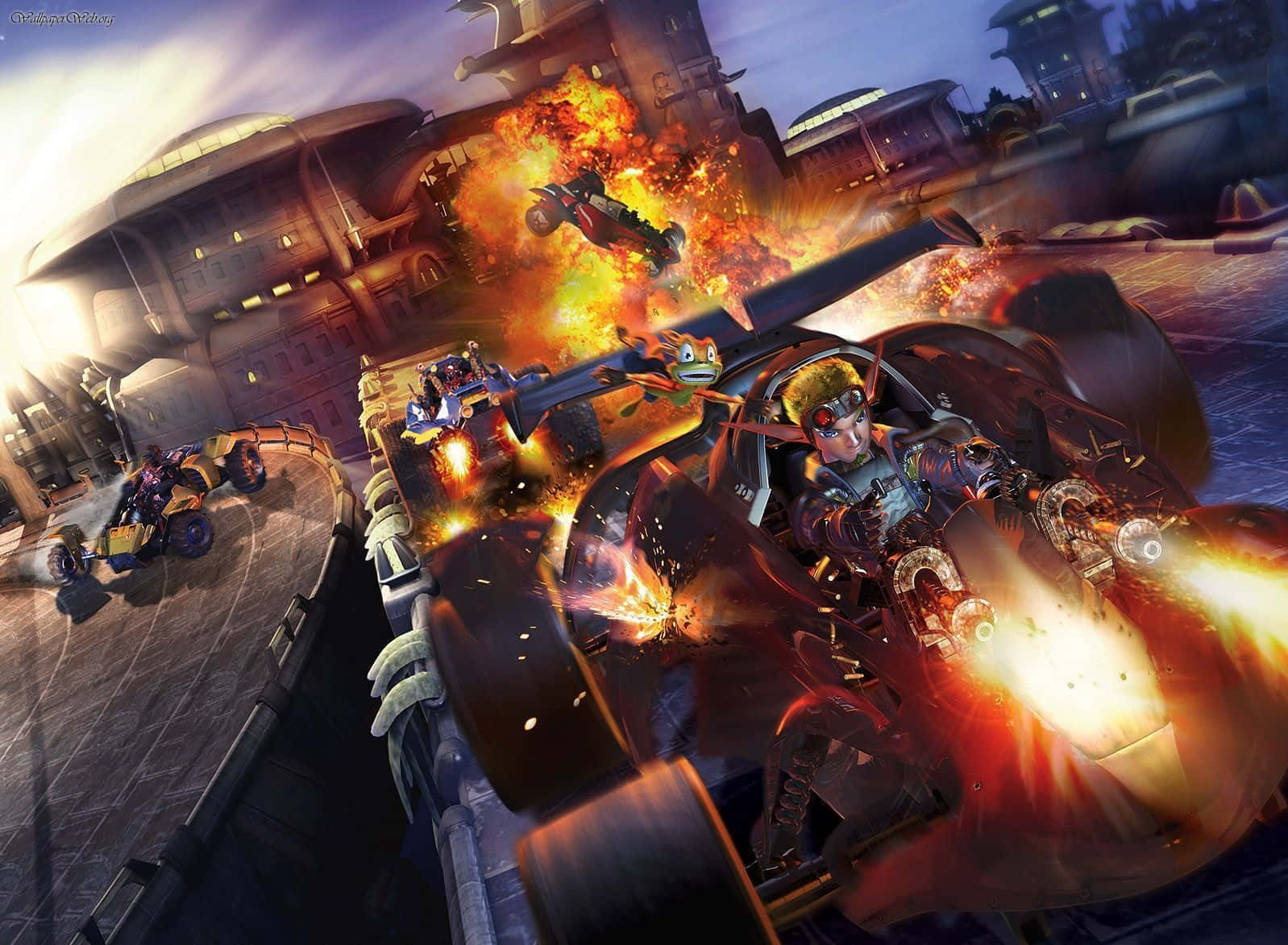 Racing Games 桌布 壁紙 — 高速未來賽車場景，霓虹燈賽道上發生爆炸和裝甲車輛。