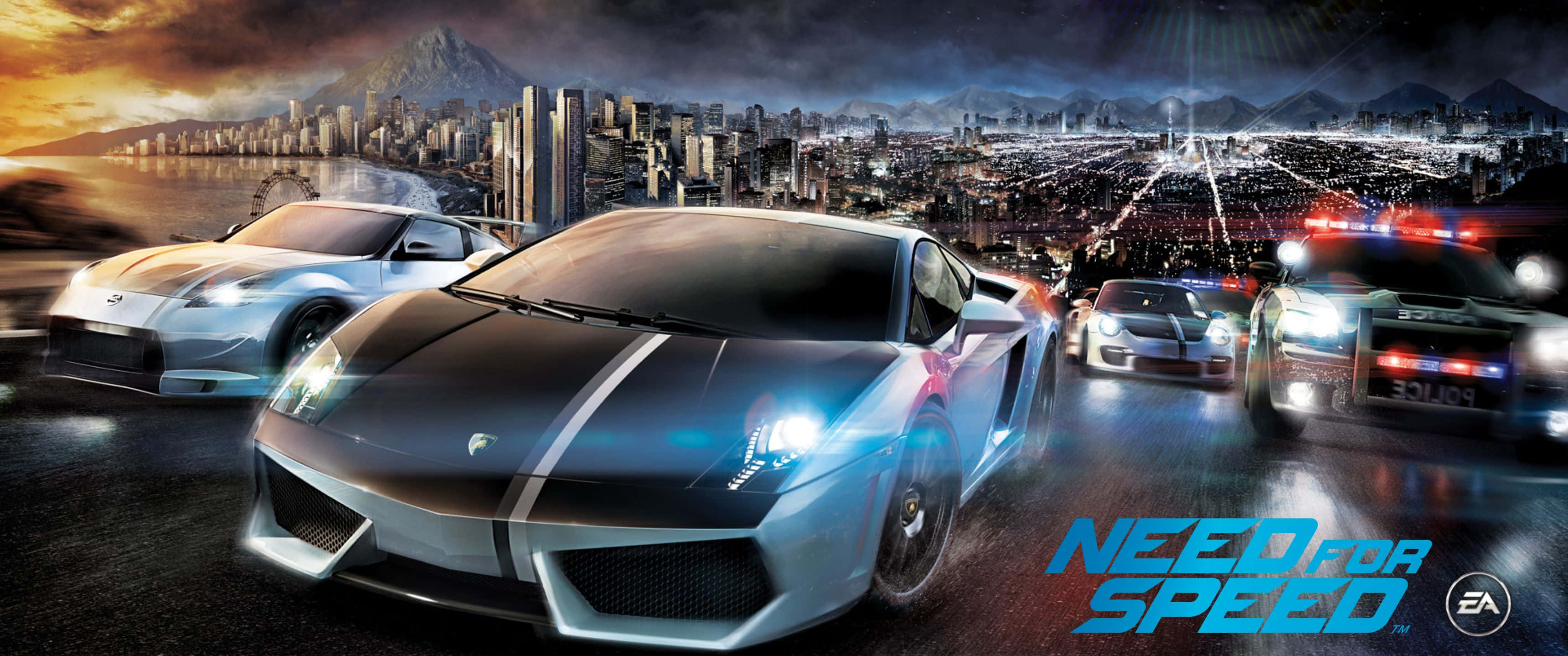 3440x1440p Need For Speed 桌布 壁紙 — 高速跑車在夜間穿過霓虹燈照亮的城市景觀，警察在追捕。