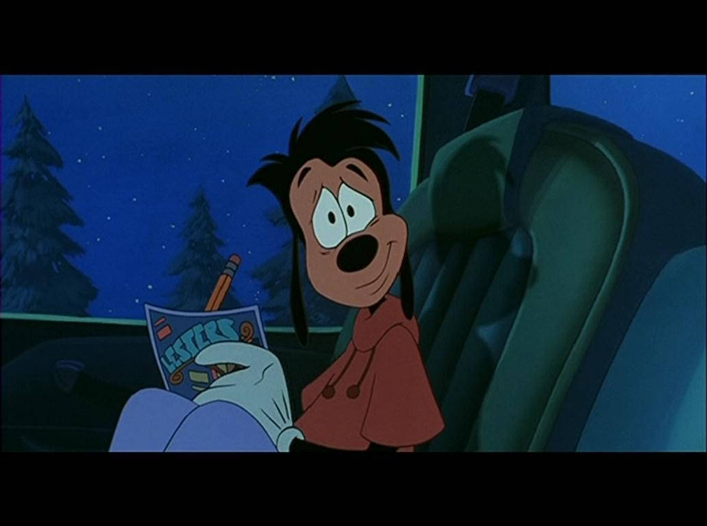 Goofy 桌布 壁紙 — 高飛在夜間坐在車裡，在星空下閱讀漫畫書，外面可見松樹。