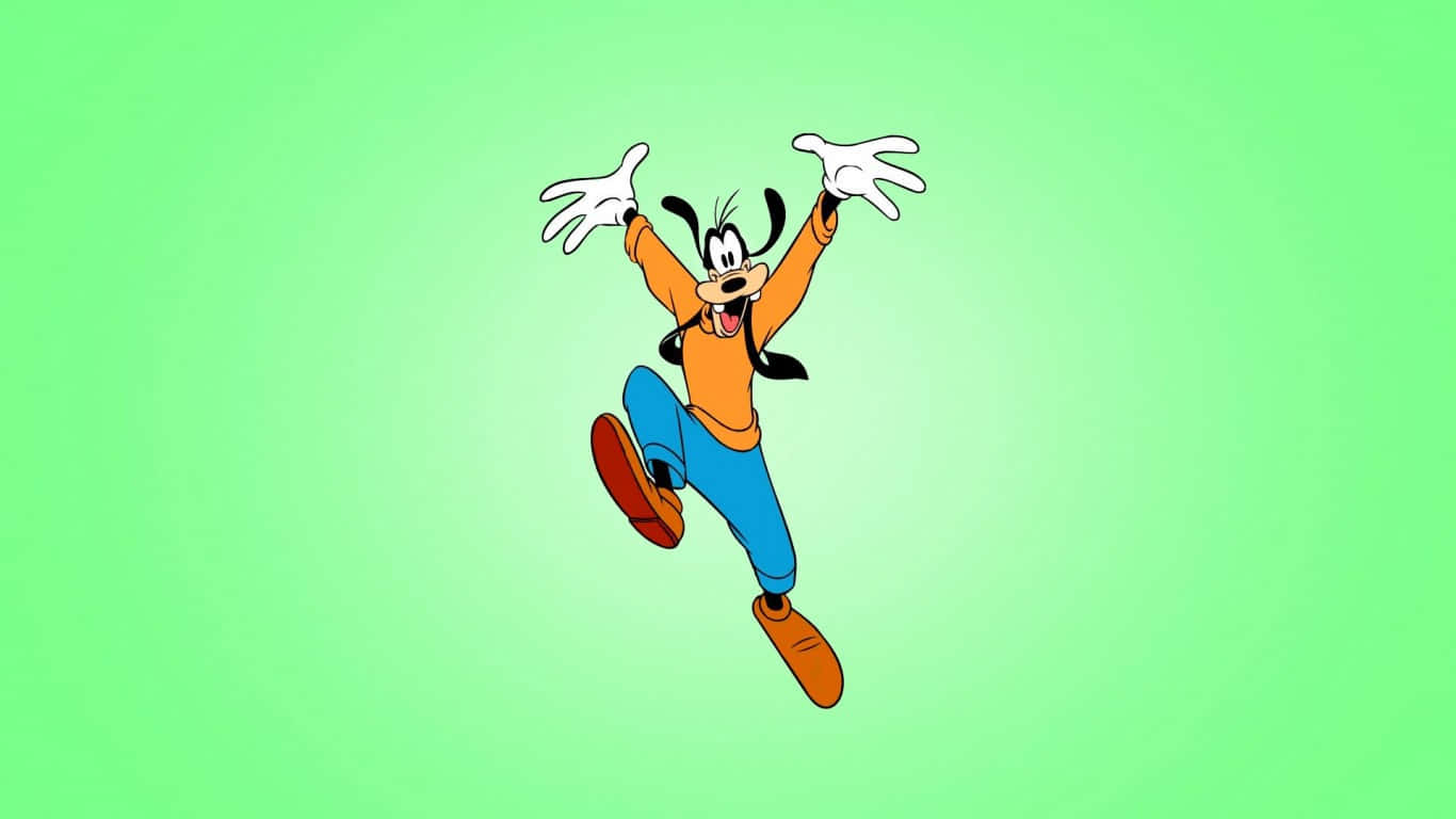 Disney Character 桌布 壁紙 — 高飛在柔和的綠色漸變背景上，高舉雙臂歡樂跳躍。