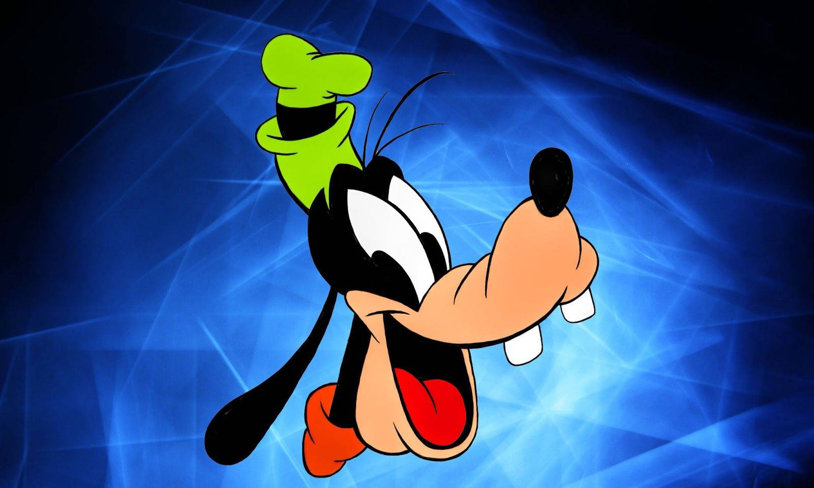 Goofy 桌布 壁紙 — 高飛戴著綠色帽子和紅色鞋子，在充滿活力的藍色抽象背景中，帶著閃爍的光線，歡快地跳躍。