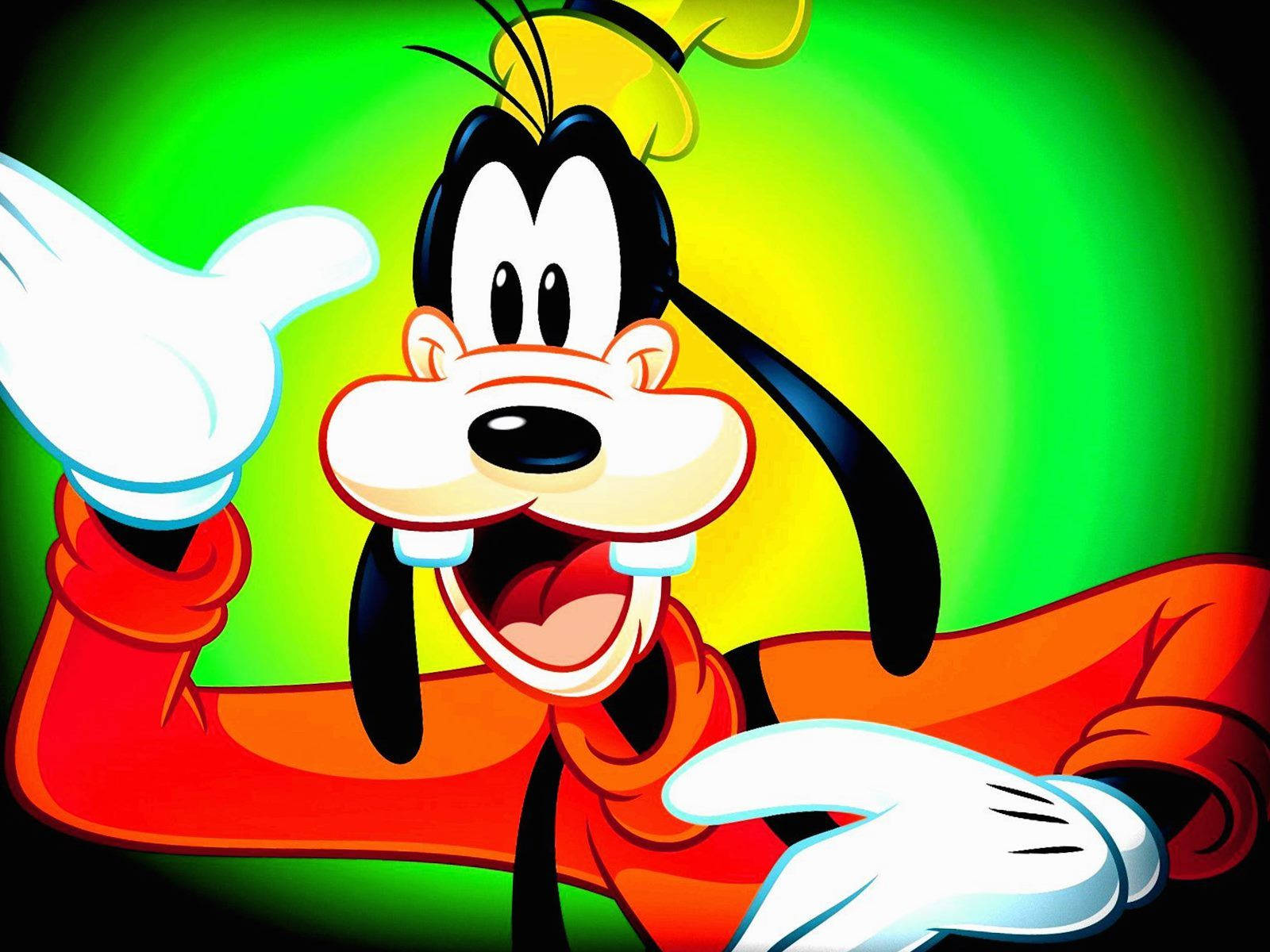 Goofy 桌布 壁紙 — 高飛穿著紅色襯衫，在充滿活力的綠色和黃色漸變背景前愉快地揮手。