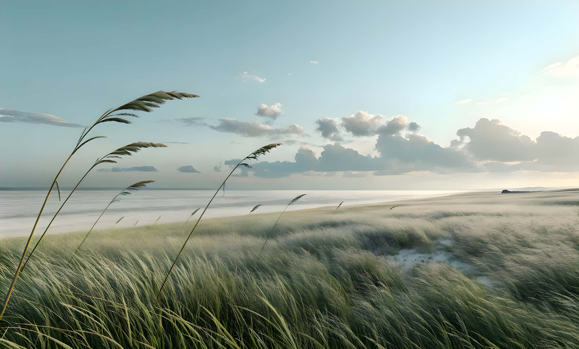 Nature art landscapes 壁紙 — 高高的綠色草叢在微風中搖曳，位於霧氣瀰漫的海岸沙丘上，俯瞰著平靜的大海，柔和的藍天中散佈著雲朵。
