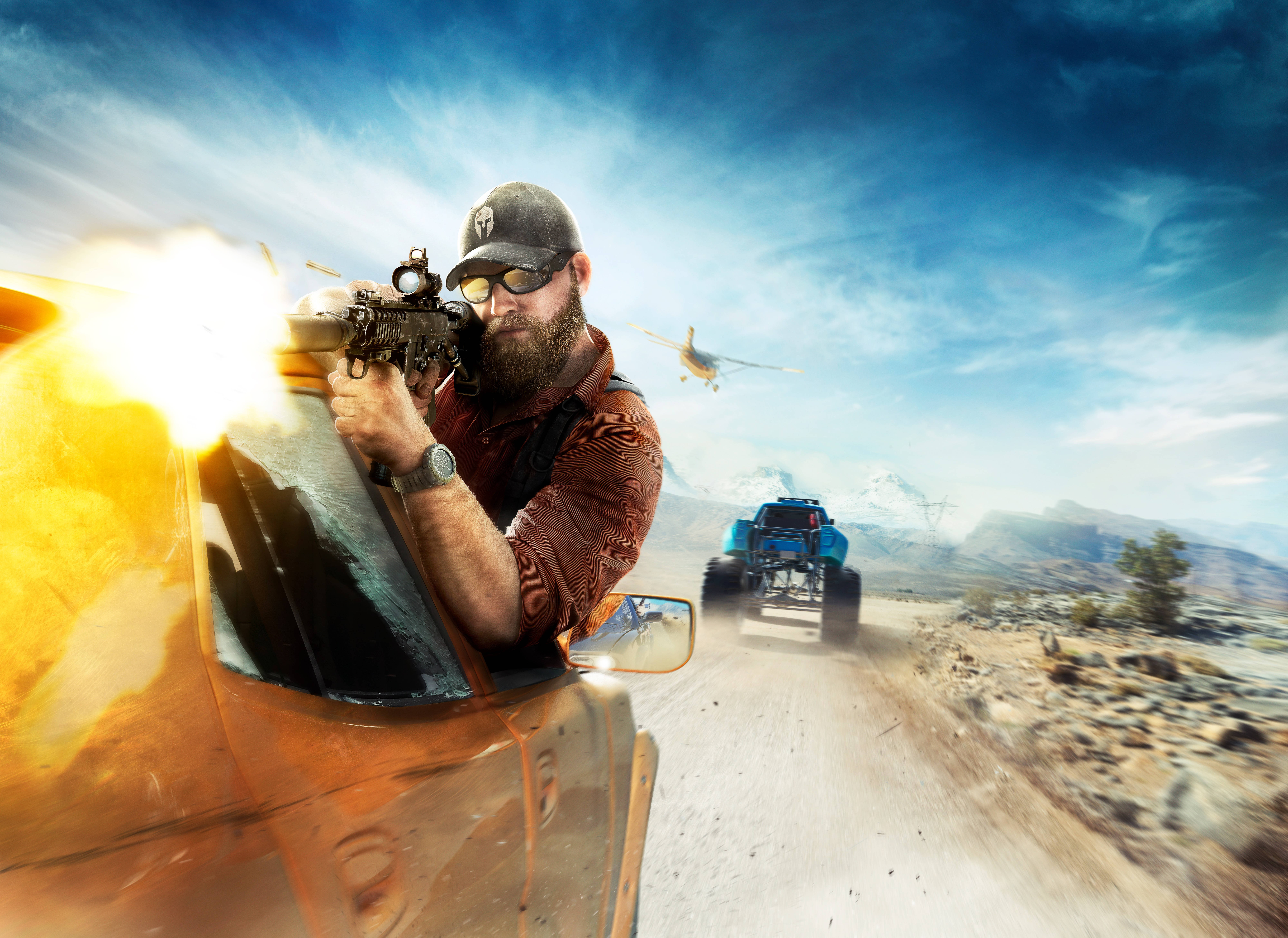 tom clancy's ghost recon wildlands 桌布 壁紙 — 鬍鬚男從生鏽的汽車上發射步槍，藍色怪獸卡車在戲劇性的天空下於沙漠中疾馳而過。
