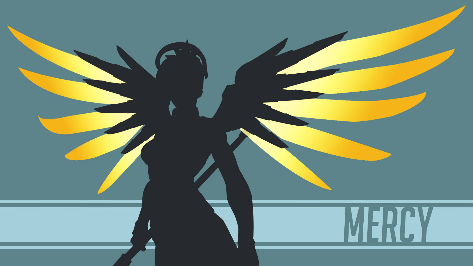 Mercy 桌布 壁紙 — 《鬥陣特攻》中 Mercy 的剪影，帶有發光的金色翅膀，背景為青綠色。