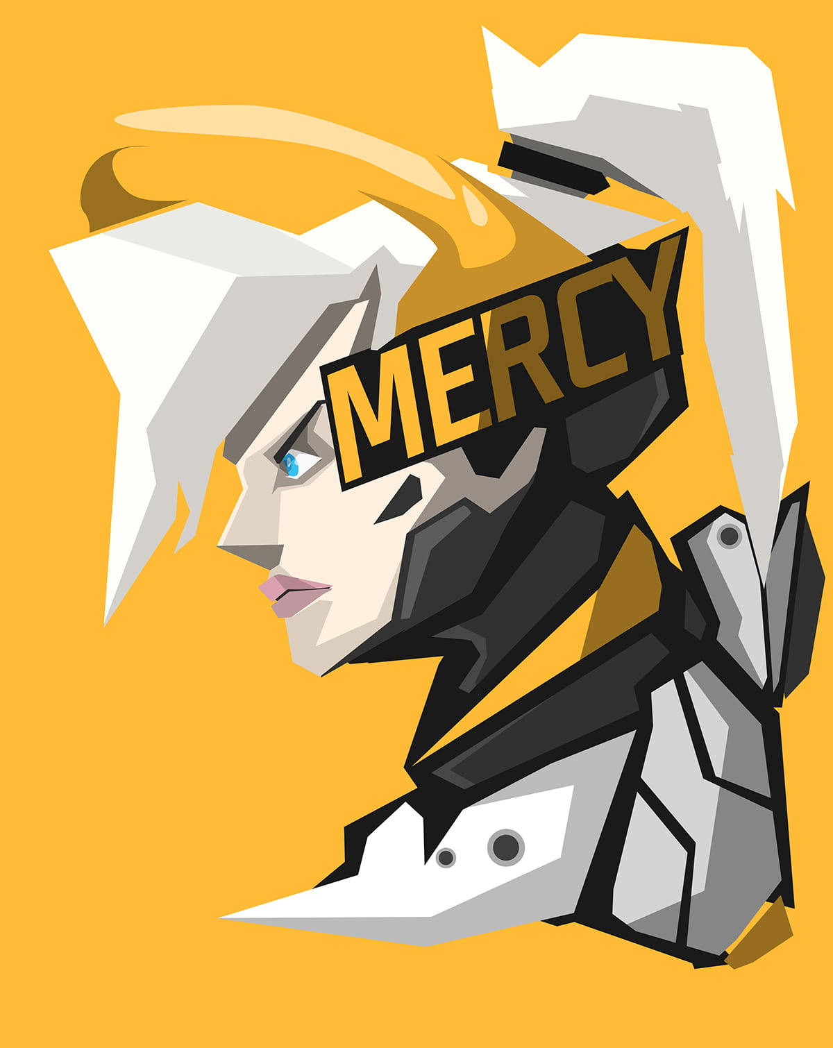 鬥陣特攻 桌布 壁紙 — 《鬥陣特攻》中 Mercy 的風格化幾何肖像，白色頭髮和黃色點綴，背景為純橙色。