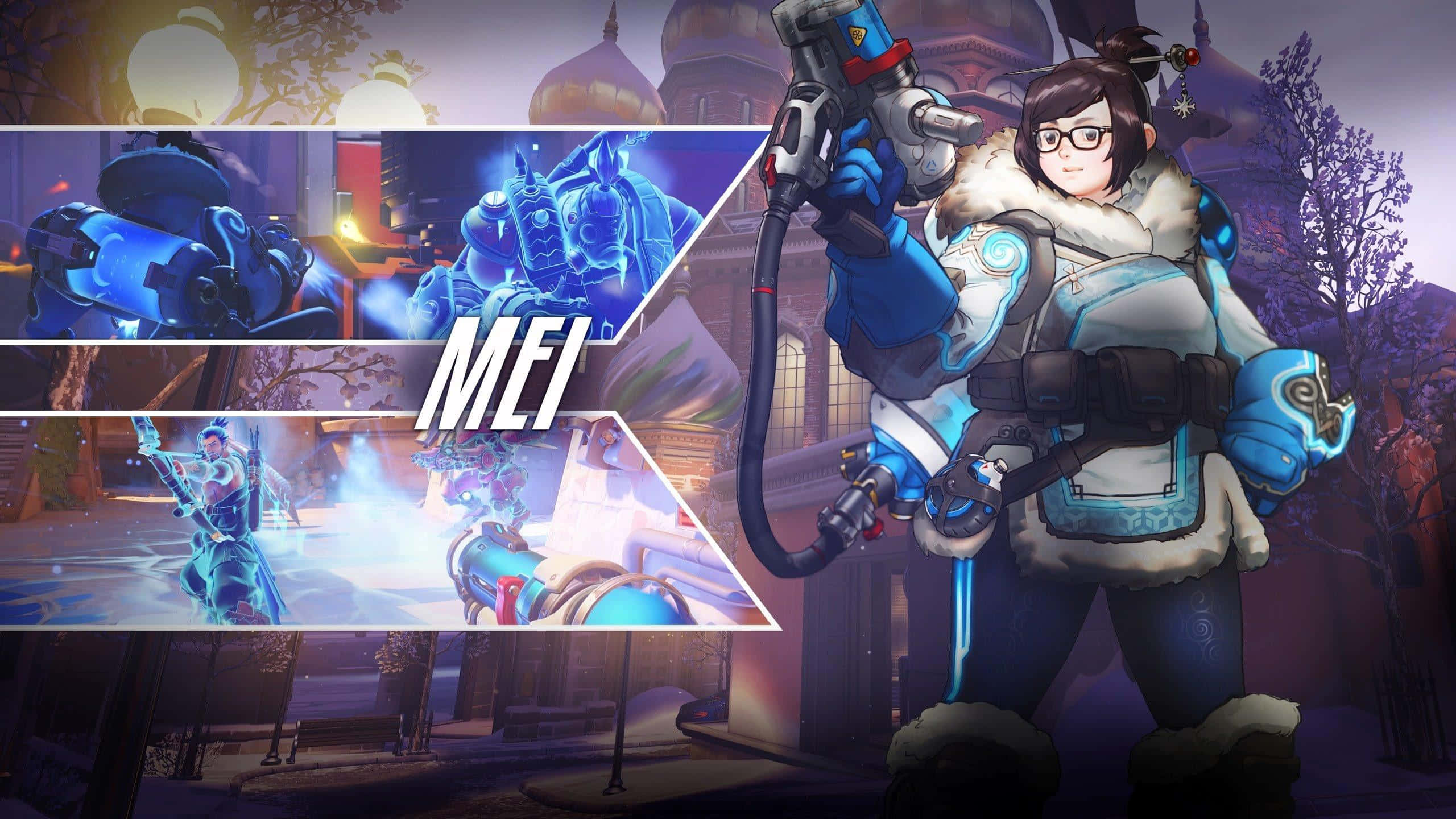 Aesthetic Overwatch 桌布 壁紙 — 《鬥陣特攻》中的小美站在雪地小鎮，手持冰凍槍，周圍環繞著冰藍色能量效果。