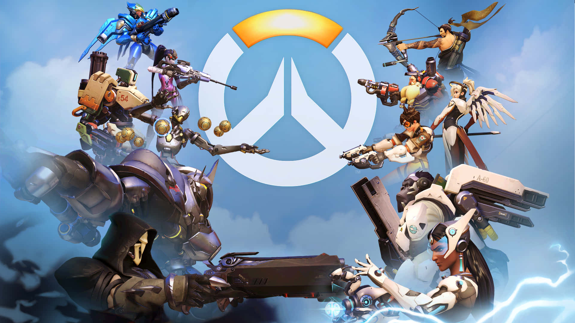 Overwatch 桌布 壁紙 — 《鬥陣特攻》英雄以動態姿勢圍繞遊戲標誌，背景為多雲的天空。