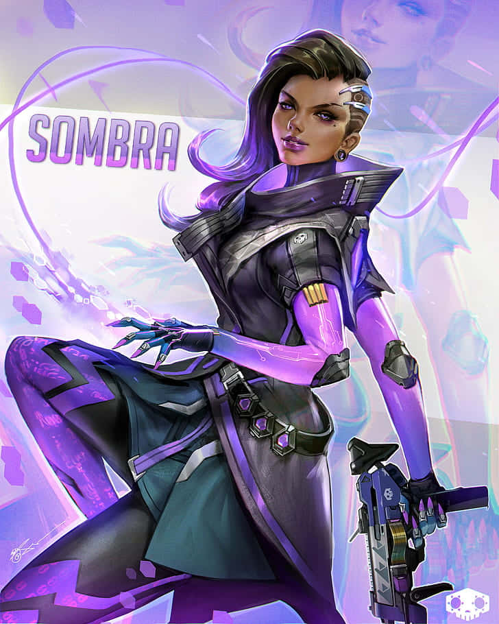 iPhone Xs Overwatch 桌布 壁紙 — 《鬥陣特攻》角色 Sombra 的風格化數位插圖，呈現動態姿勢並帶有發光的紫色能量效果。