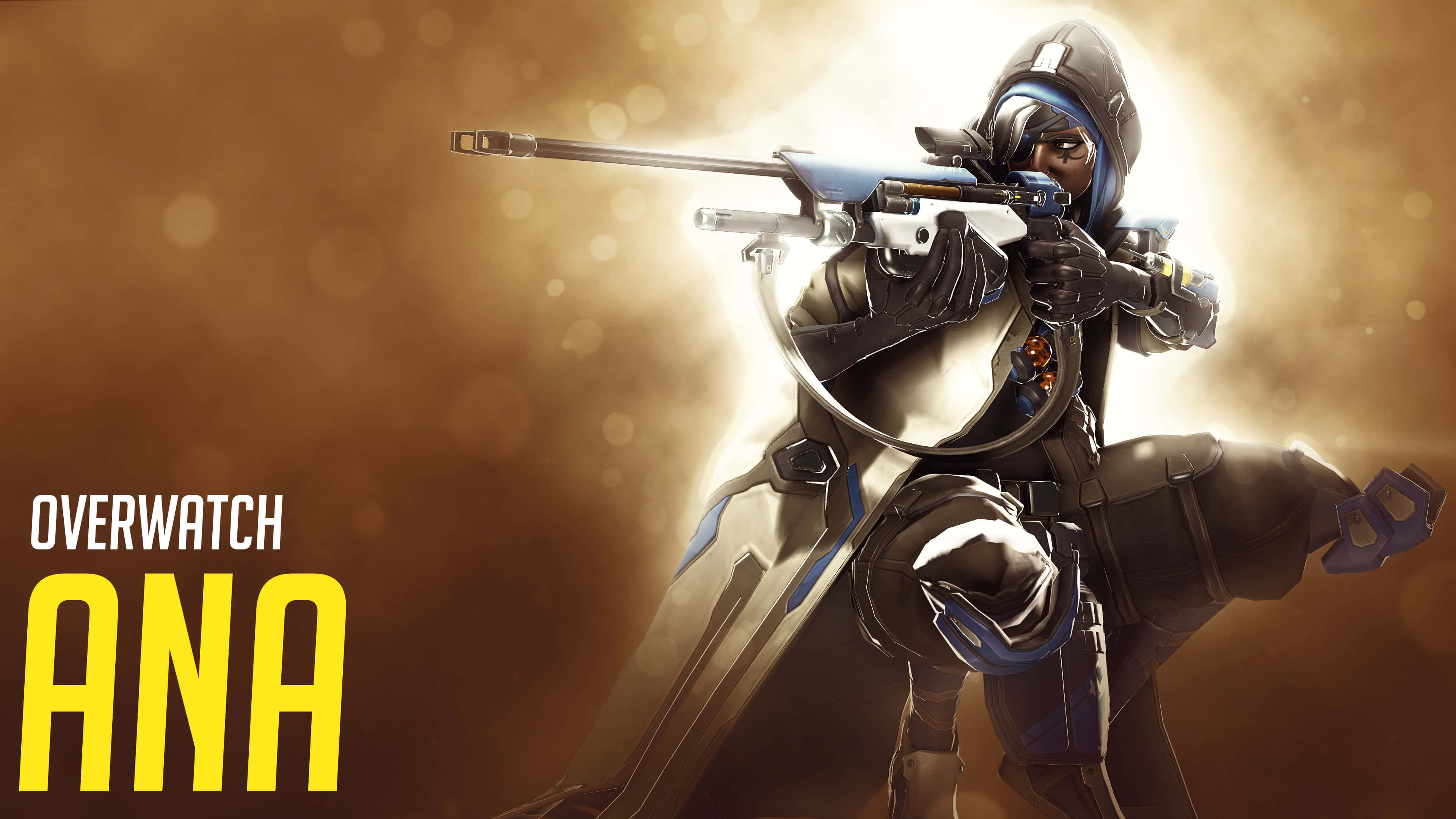 Overwatch Ana 桌布 壁紙 — 《鬥陣特攻》角色安娜在閃爍金色背景及散景光效下瞄準她的狙擊步槍。