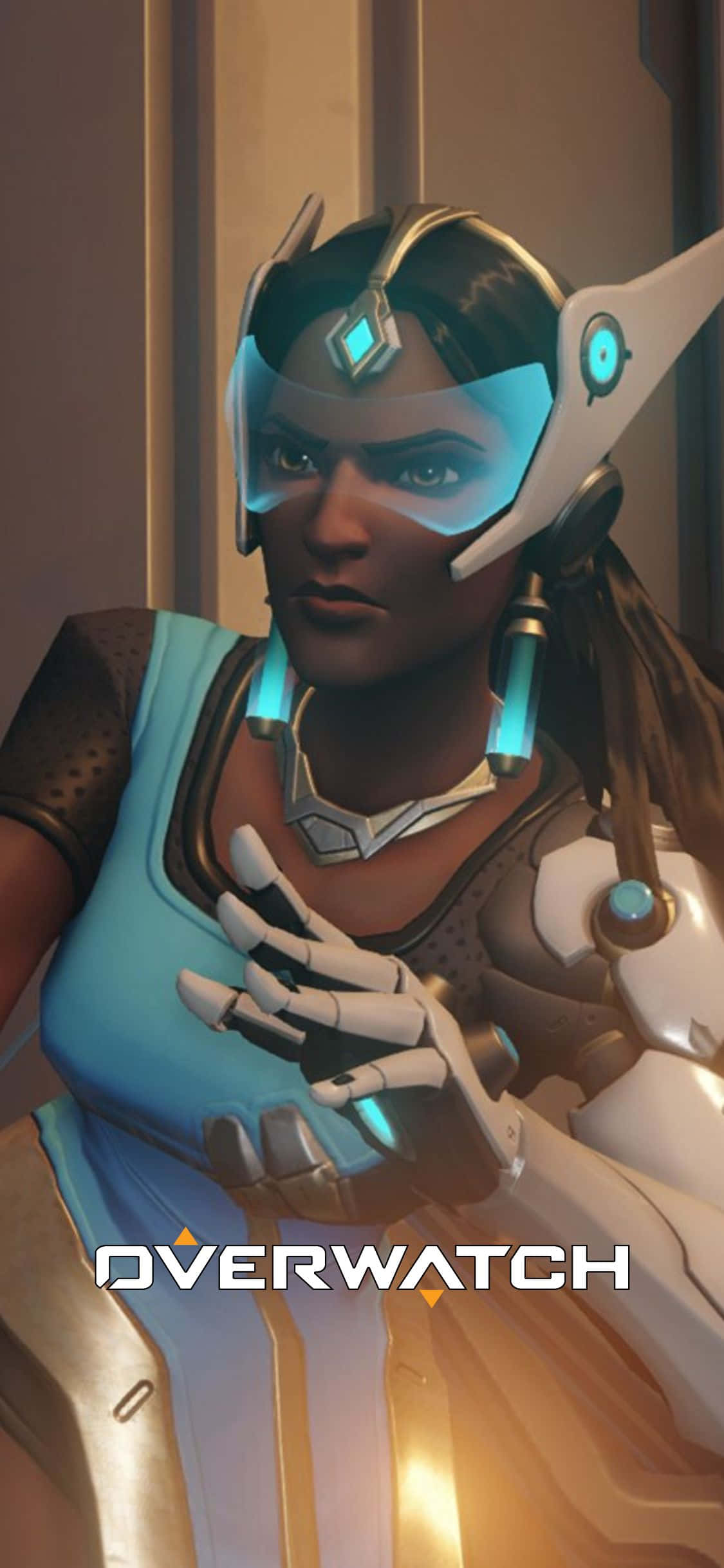 iPhone X Overwatch 桌布 壁紙 — 《鬥陣特攻》角色慈悲身穿標誌性藍白配色未來醫療服裝的特寫，帶有發光裝飾。