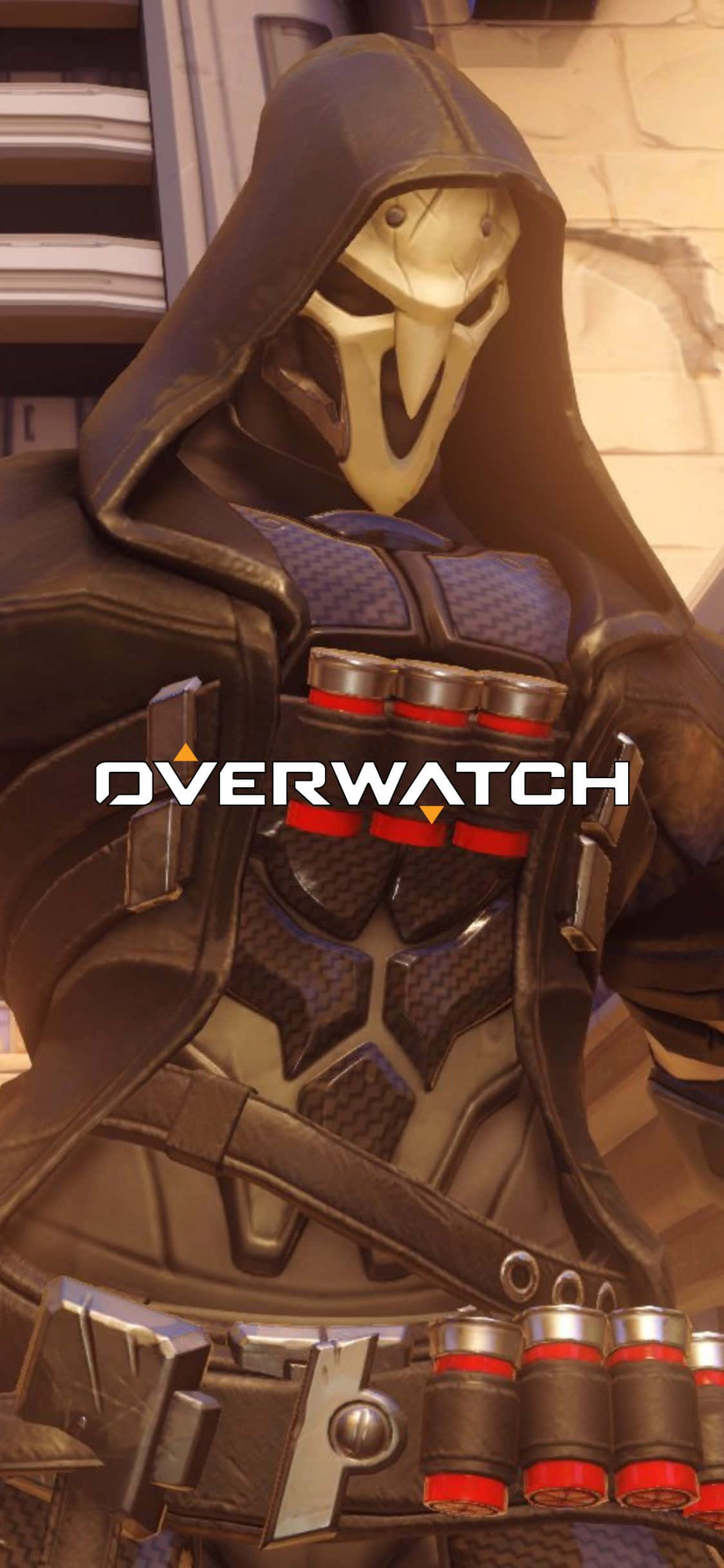 iPhone X Overwatch 桌布 壁紙 — 《鬥陣特攻》角色死神身穿標誌性連帽服裝、發光眼睛和彈藥夾的特寫。