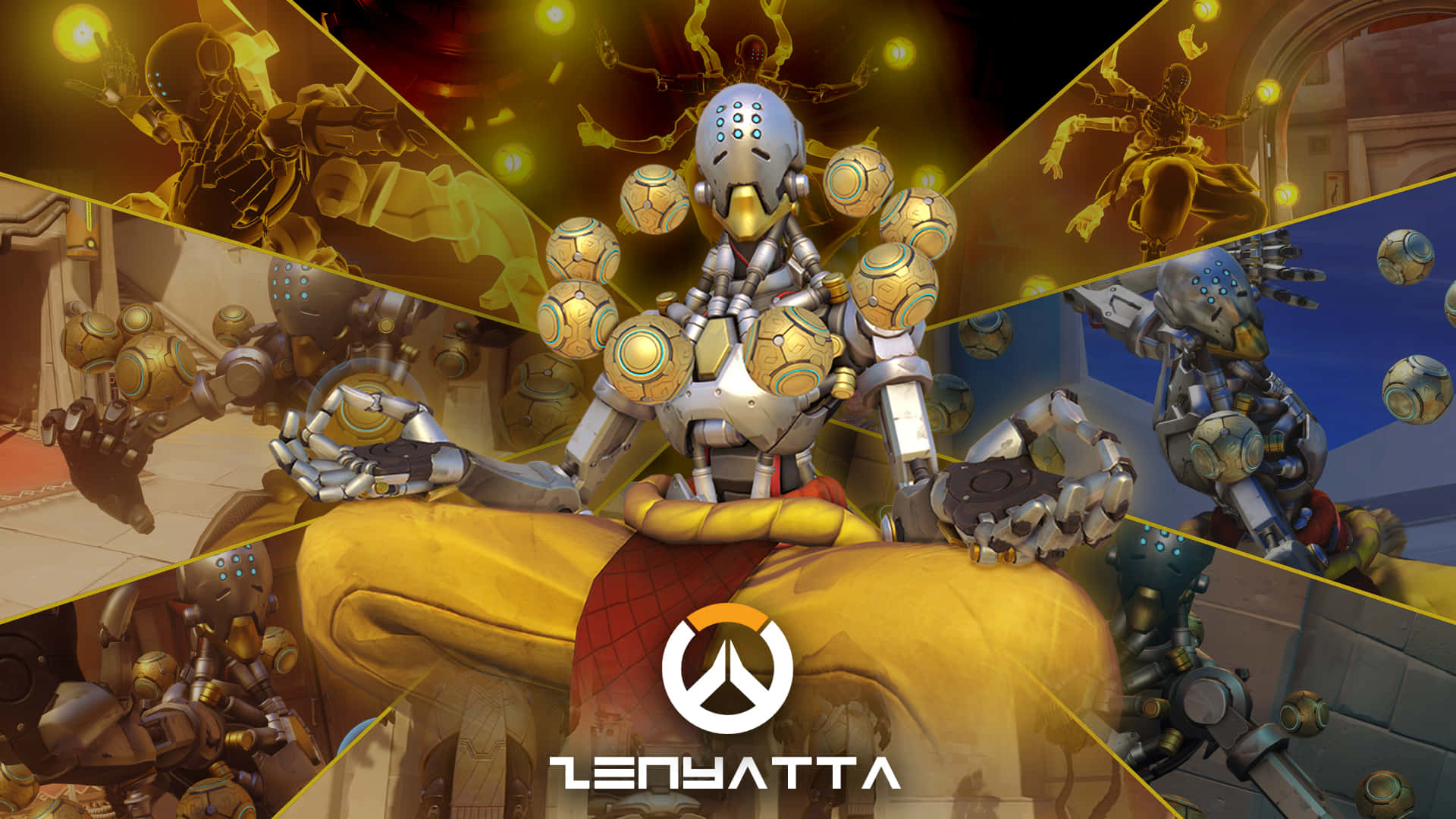 Zenyatta 桌布 壁紙 — 《鬥陣特攻》角色禪亞塔在光芒四射、風格化的數位場景中，以金色球體冥想的動態拼貼。