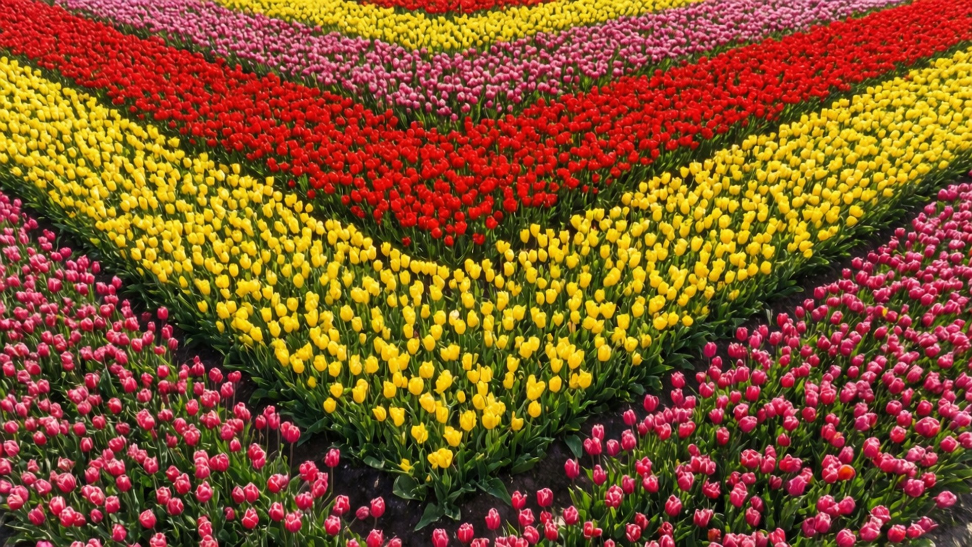 鬱金香花園圖案 壁紙 — 充滿活力的鬱金香田以紅、黃、粉紅大膽的鋸齒條紋排列，形成令人驚嘆的幾何花卉圖案。