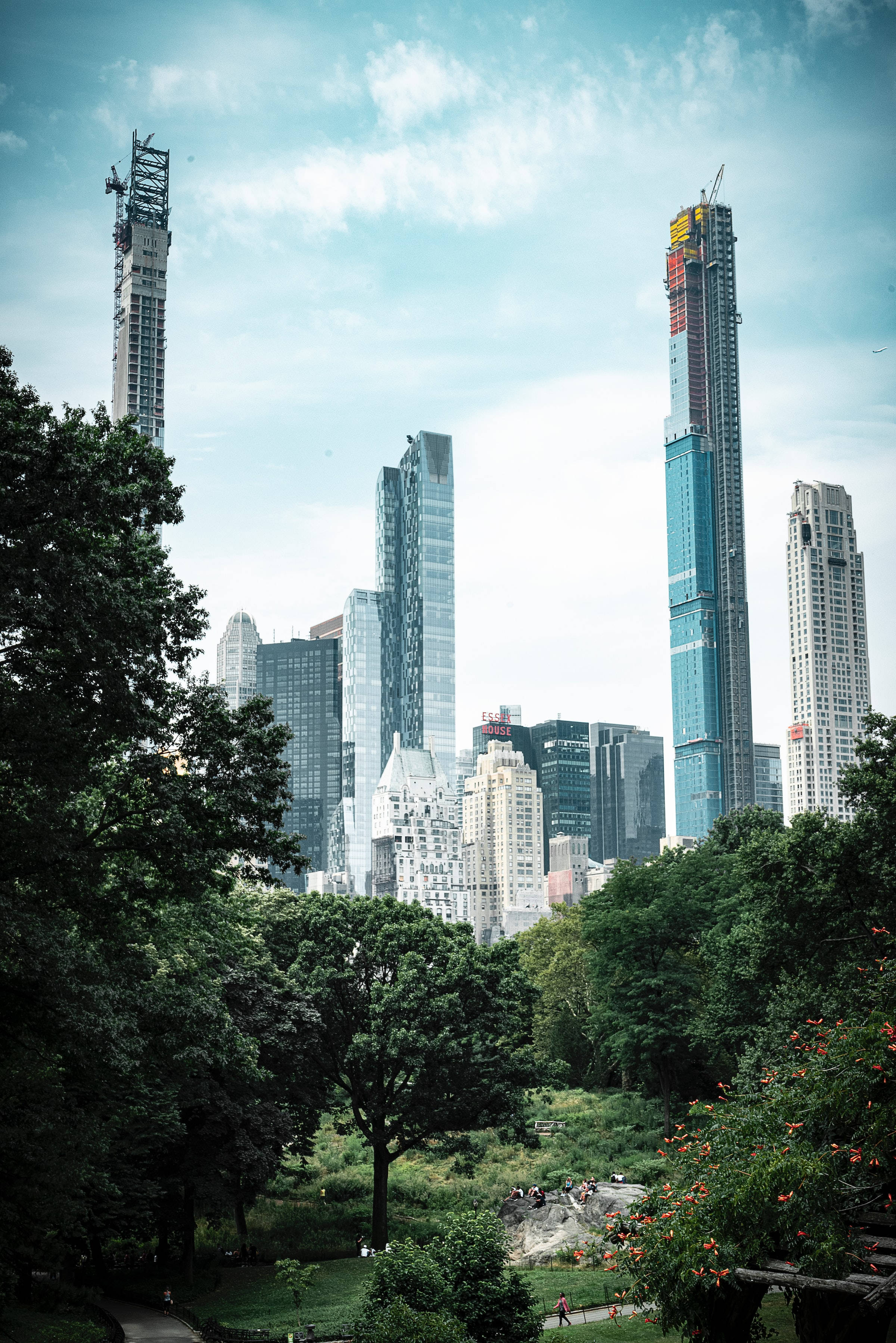 Skyscraper 桌布 壁紙 — 鬱鬱蔥蔥的綠色公園，樹木和人們構成了背景，高聳的摩天大樓在明亮的藍天和白雲下。