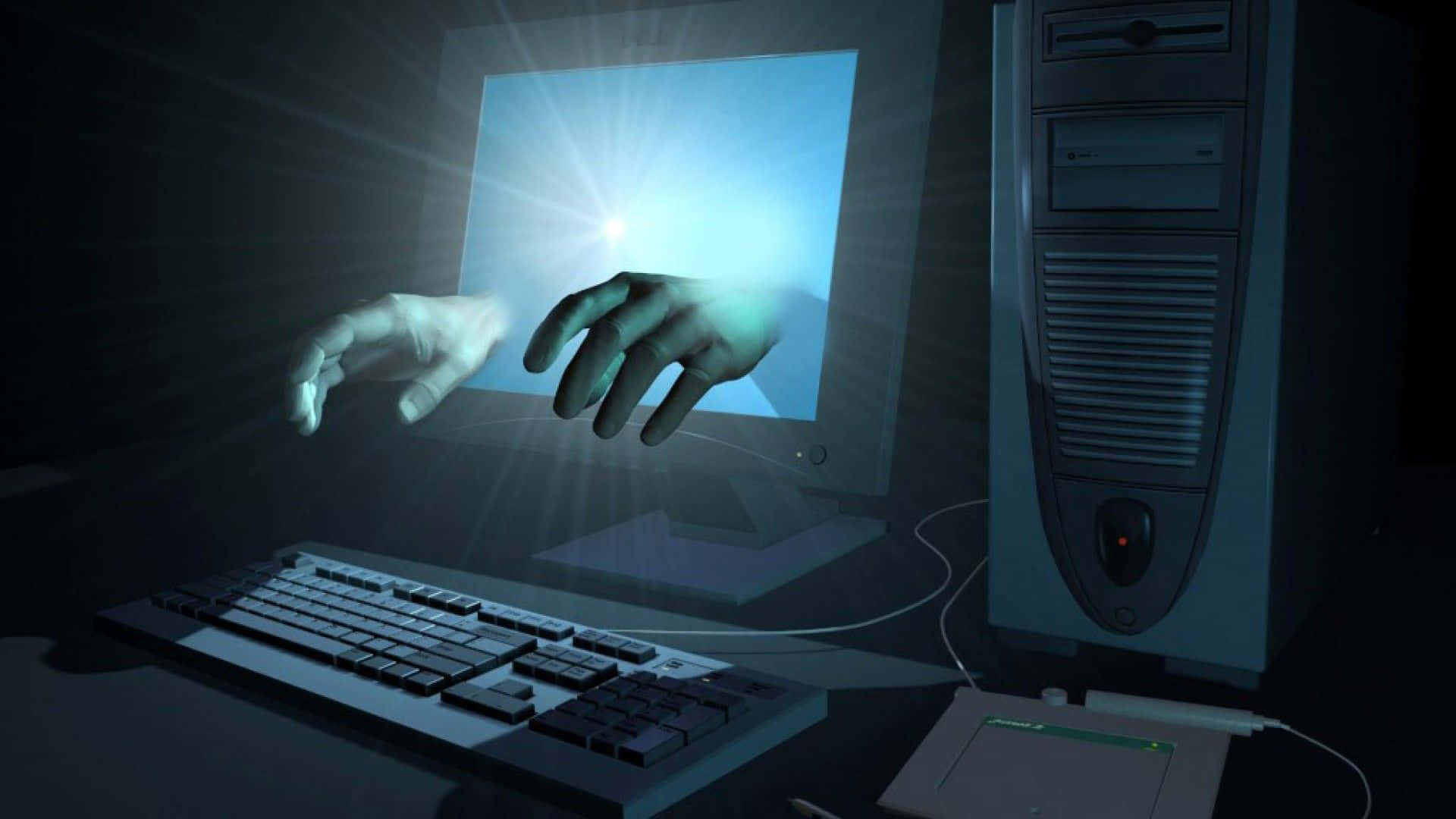 Computer Monitor 桌布 壁紙 — 鬼手從發光的電腦顯示器中伸出，房間昏暗，配有舊式桌面設置。