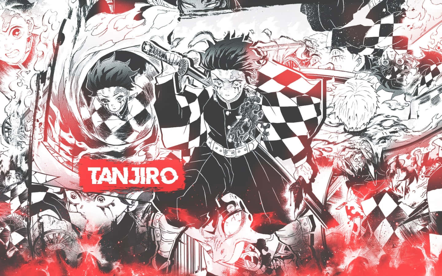 炭治郎 桌布 壁紙 — 《鬼滅之刃》中的炭治郎在旋轉的紅黑格子惡魔中，挑釁地揮舞著劍和盾牌，呈現動態的動漫藝術。