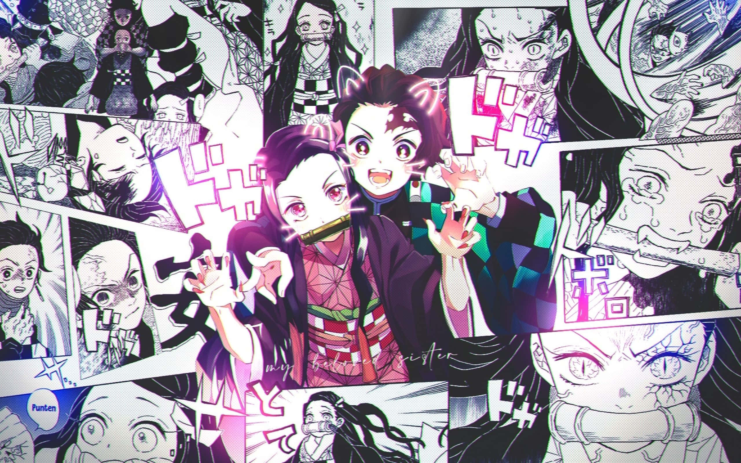 Anime Collage 桌布 壁紙 — 《鬼滅之刃》的動畫角色以充滿活力的紫色和粉紅色點綴衝破漫畫面板。