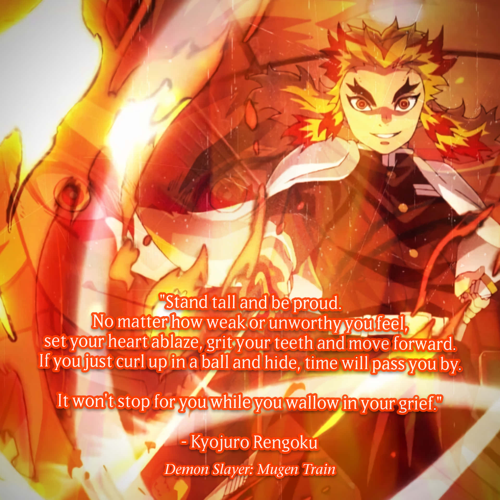 Rengoku Quotes 桌布 壁紙 — 《鬼滅之刃》的動畫角色煉獄杏壽郎，在熾熱的橙色背景前，以堅定的表情散發出火焰般的能量。