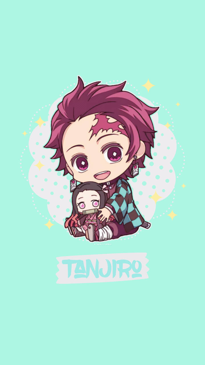 Demon Slayer Chibi 桌布 壁紙 — 鬼滅之刃的Q版炭治郎在薄荷綠色背景上，帶著閃粉和點點雲，抱著一個小娃娃。