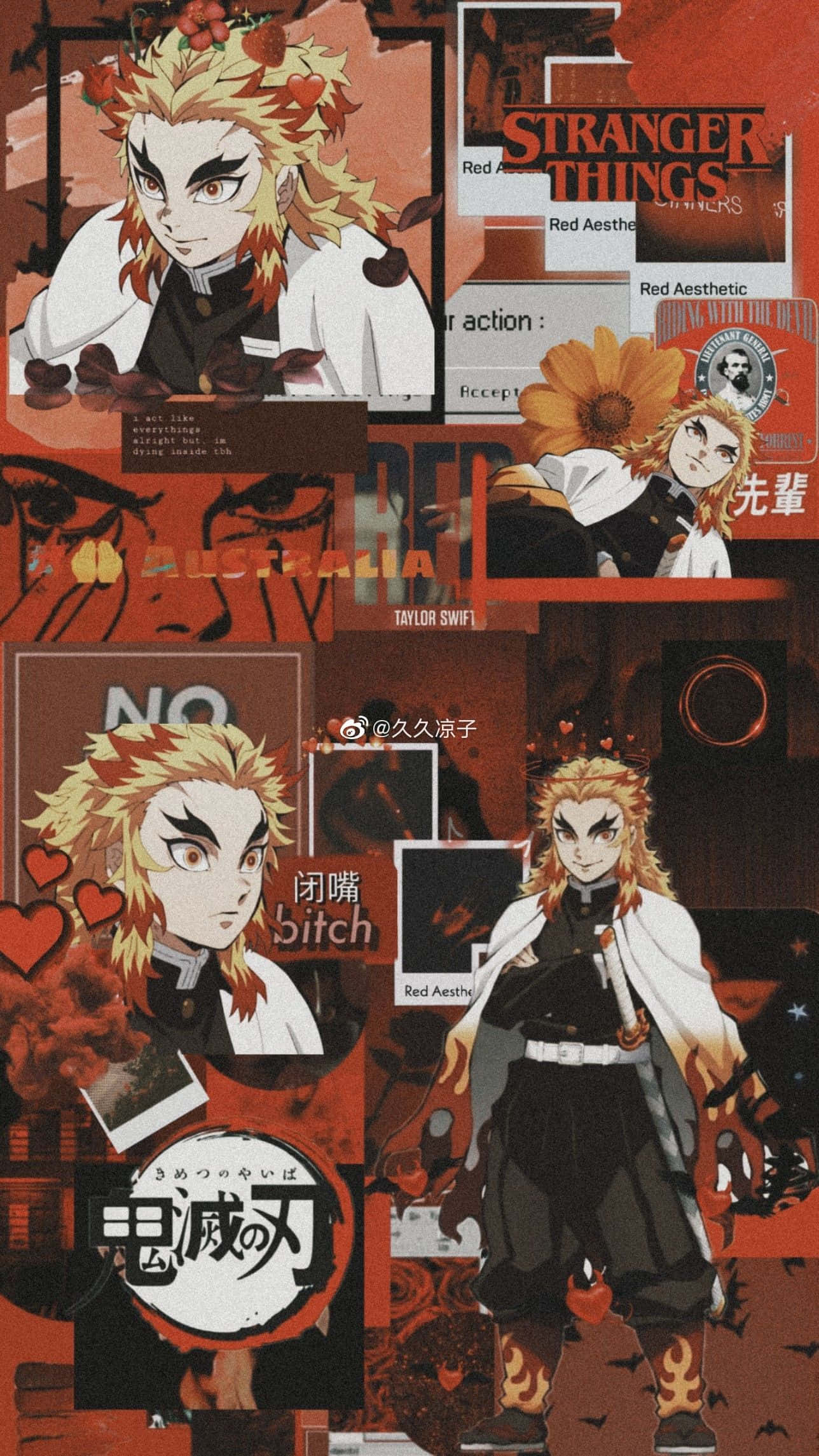 Rengoku Aesthetic 桌布 壁紙 — 鬼滅之刃角色煉獄杏壽郎的動畫拼貼畫，採用紅色和黑色色調，包含流行文化參考和心形圖案。