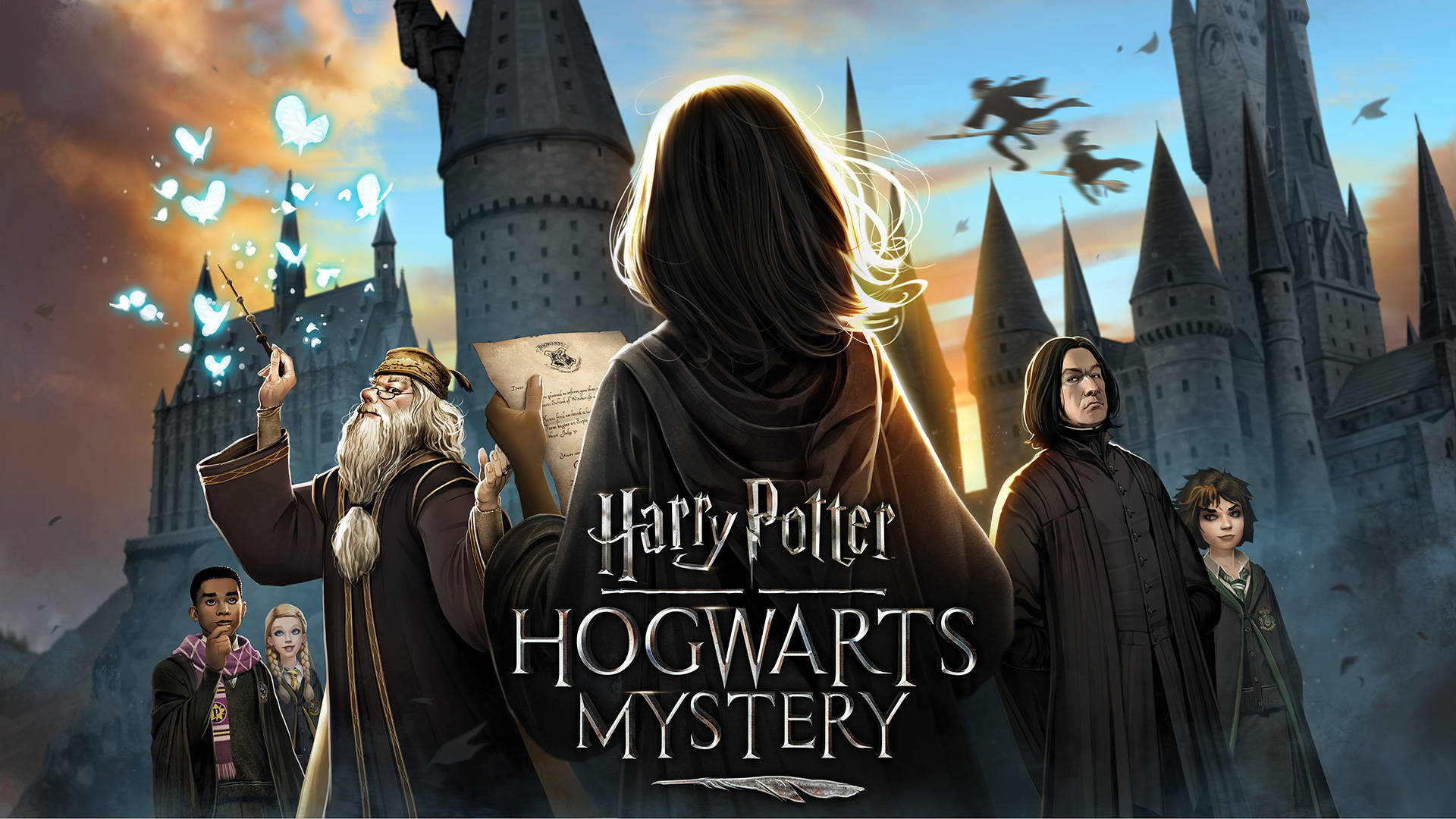 snape 桌布 壁紙 — 魔法學校背景，有《哈利波特：霍格華茲之謎》的角色，在夕陽天空下，有發光的蝴蝶。