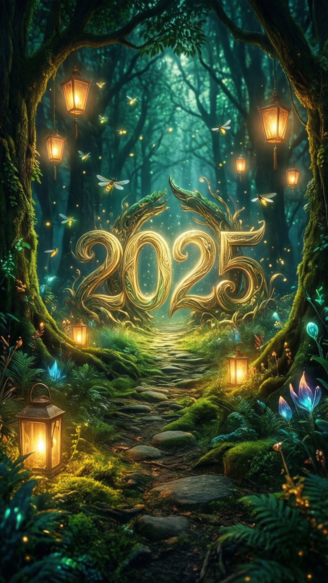魔法小徑 壁紙 — 一條神秘森林小徑，兩旁掛滿發光燈籠，在螢火蟲的天幕下，通往刻在樹根上的金色2025年。
