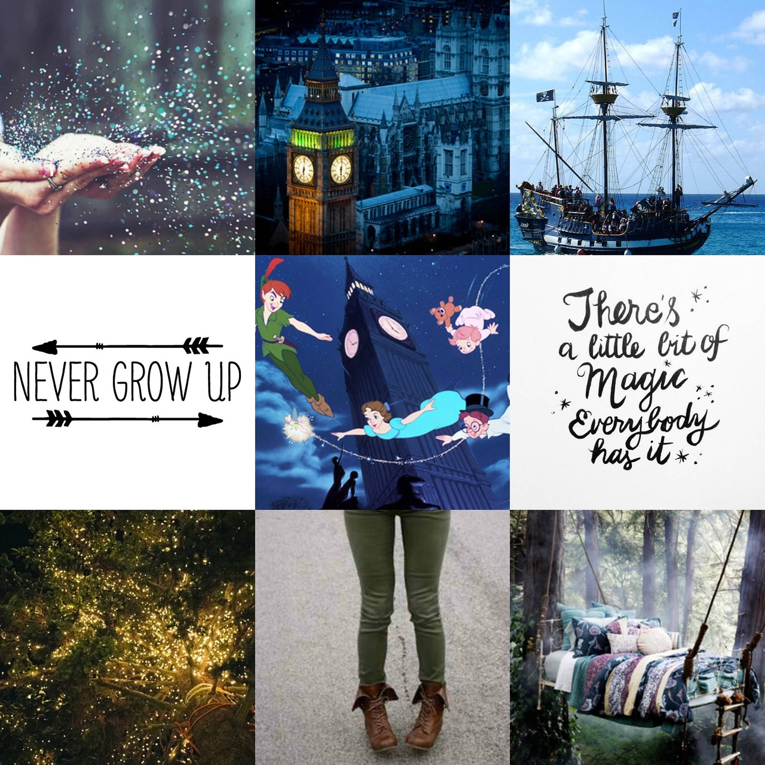 Peter Pan 桌布 壁紙 — 魔法時刻的拼貼：手中的閃粉、夜晚的倫敦、海盜船、飛翔的小飛俠、魔法森林、舒適的鞦韆和勵志語錄。