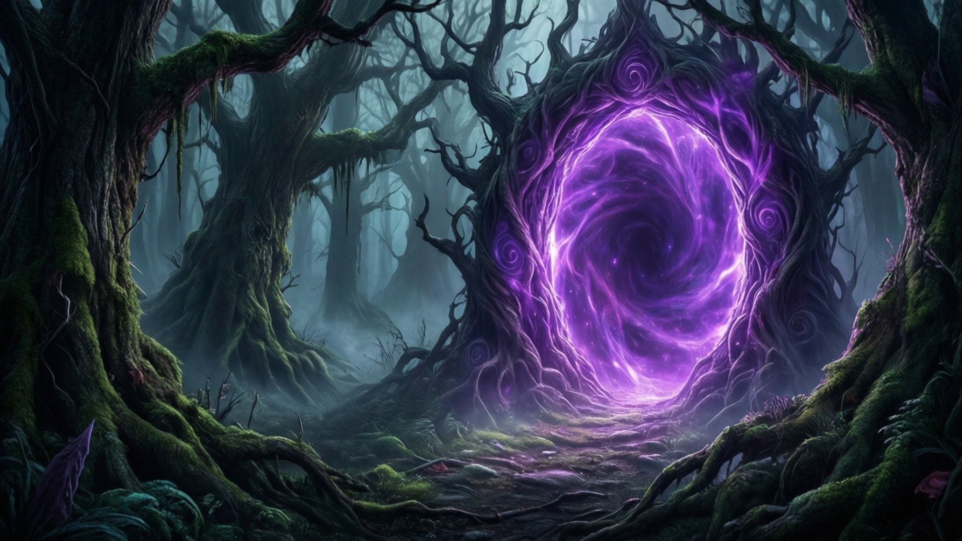 魔法森林傳送門 壁紙 — 在迷霧暮色天空下，一個神秘的紫色漩渦穿過古老長滿苔蘚的樹木扭曲森林。