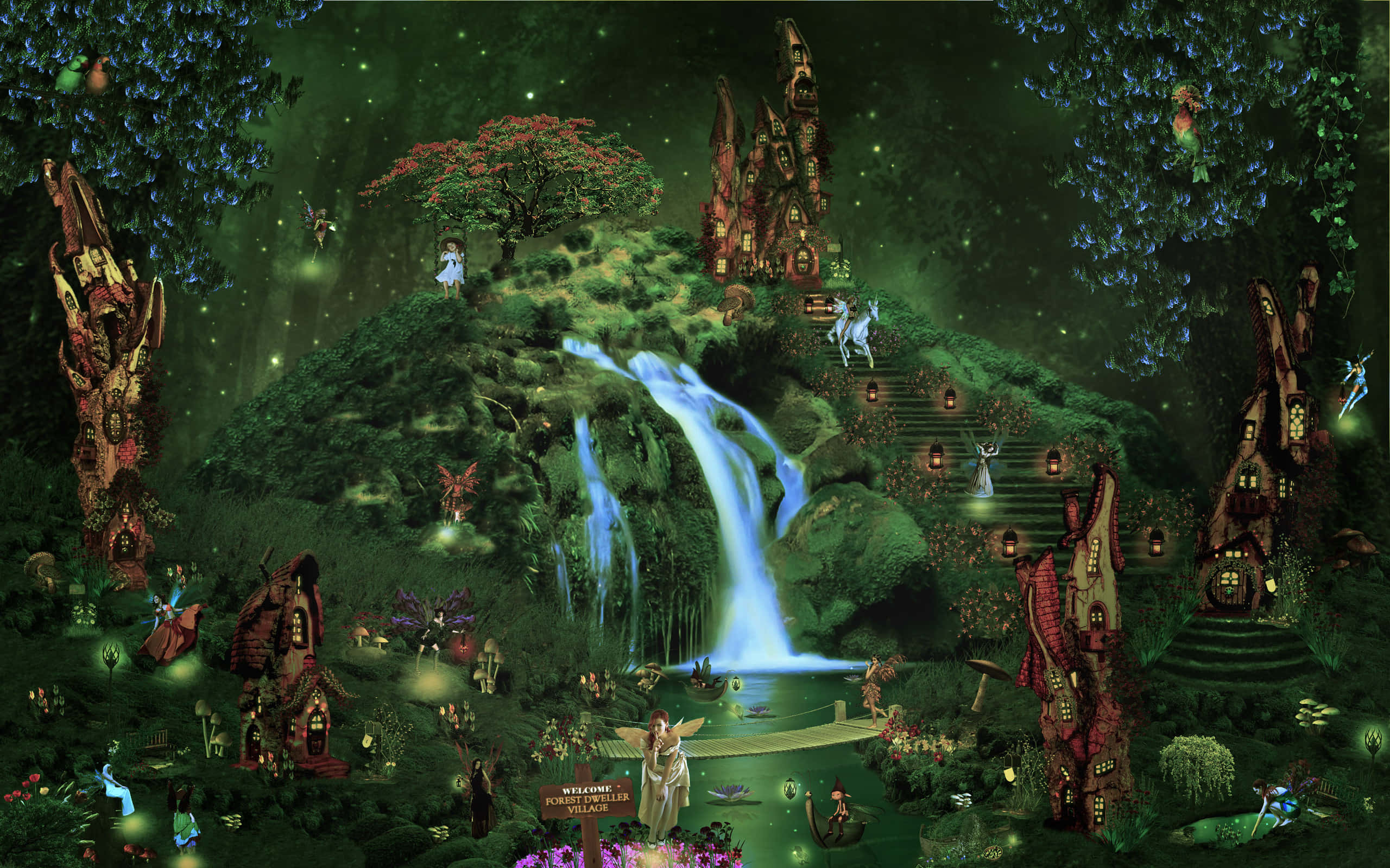 Enchanted Garden 桌布 壁紙 — 魔法森林散發著生物發光的光芒，仙子們在瀑布和夢幻樹屋周圍翩翩起舞。