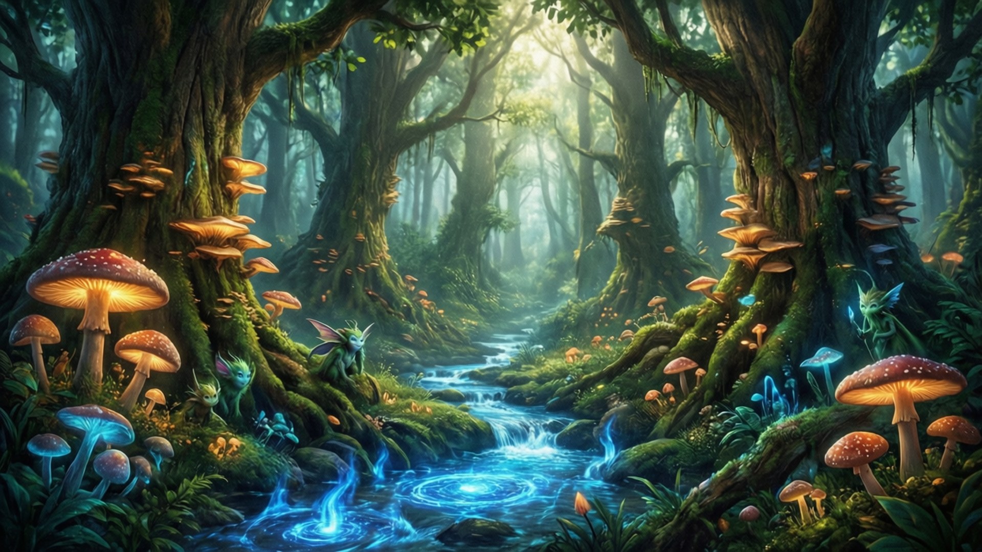 魔法森林聖地 壁紙 — 一片神秘的森林散發著生物發光蘑菇的光芒，一條發光的藍色溪流蜿蜒穿過長滿苔蘚的古樹。