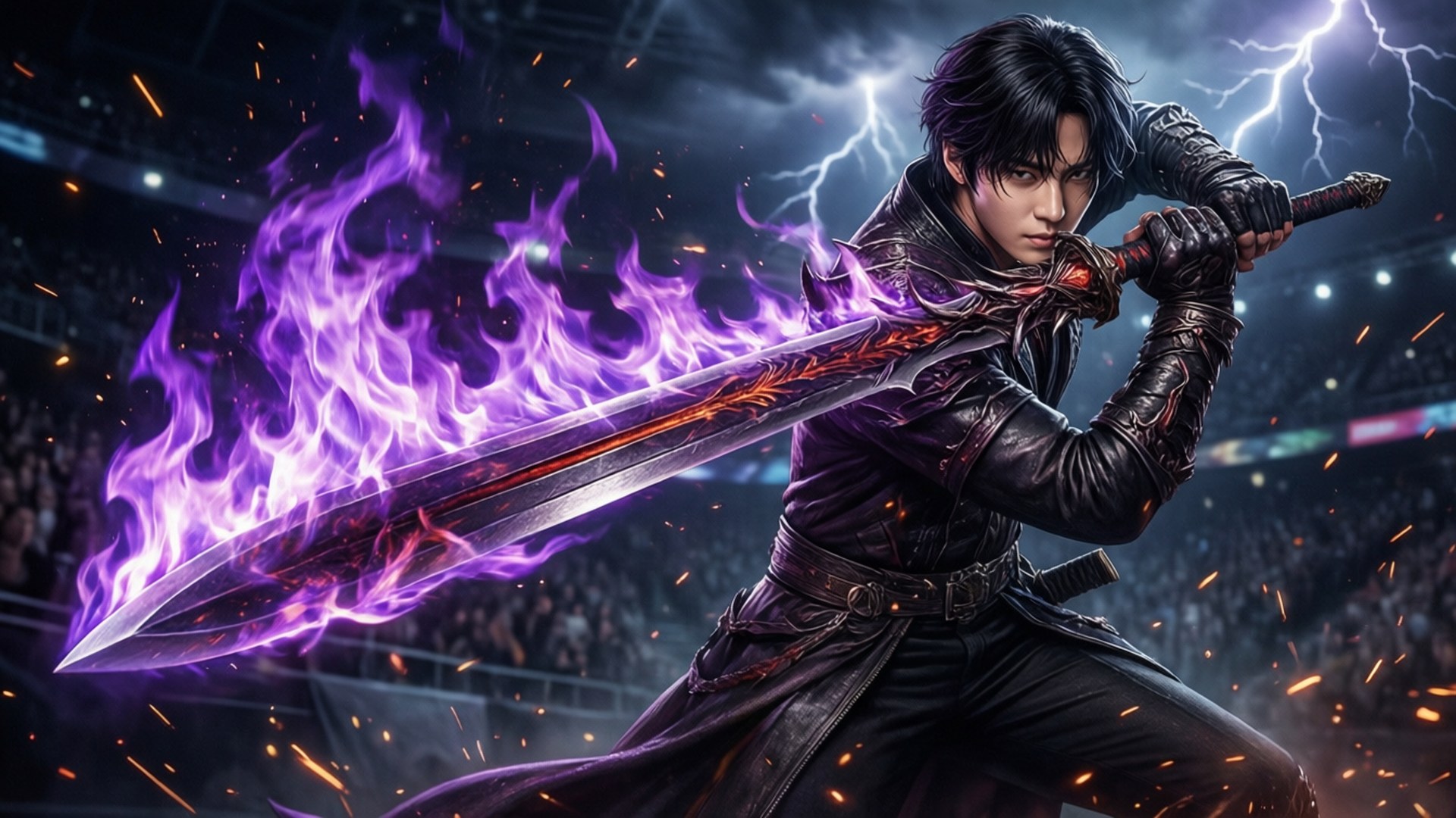 魔王之劍 壁紙 — 一位黑髮戰士身穿黑色盔甲，在雷電交加的暴風雨天空下揮舞著被紫色火焰包圍的劍。