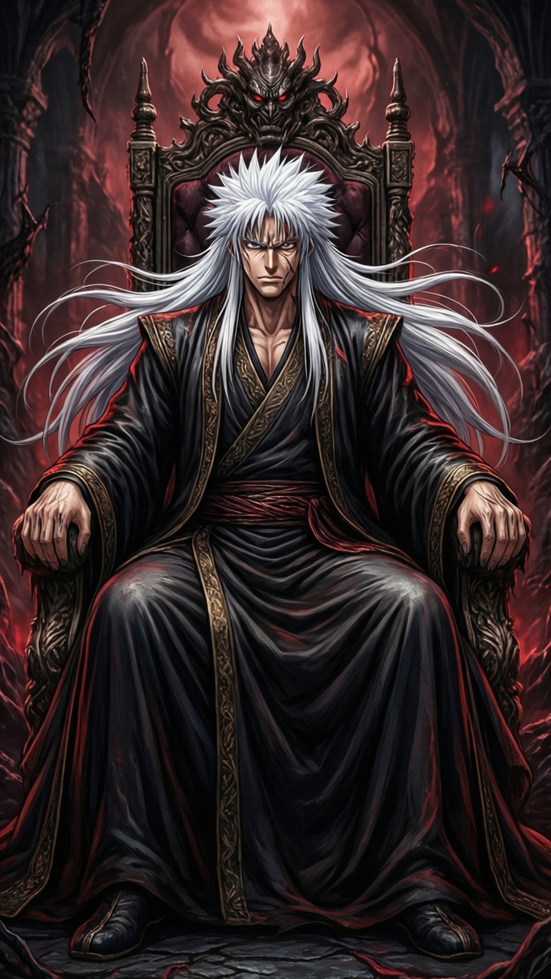 魔王幽助端坐王座 壁紙 — 一位嚴肅的白髮戰士身穿黑色長袍，威嚴地坐在帶有尖刺的王座上，背景是火紅的惡魔風格。