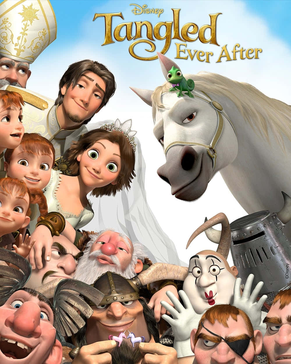 Disney 3d Movies 桌布 壁紙 — 《魔髮奇緣》中一群歡樂的動畫角色在明亮的藍天下微笑並一起擺姿勢。