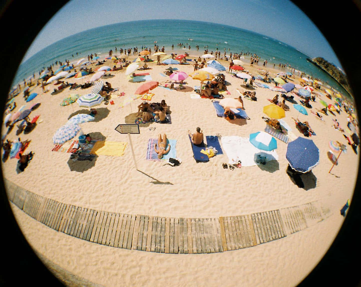 Fisheye 桌布 壁紙 — 魚眼視角下擠滿人群的海灘，色彩繽紛的遮陽傘和享受日光浴的人們，天空湛藍。
