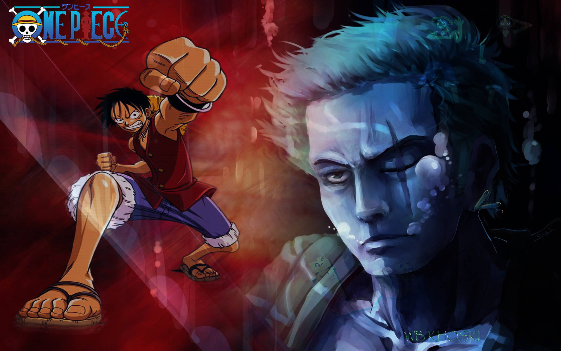 luffy 4K 桌布 壁紙 — 魯夫以兇猛的決心向前揮拳，而一個藍髮男子在火紅的背景中凝視著。