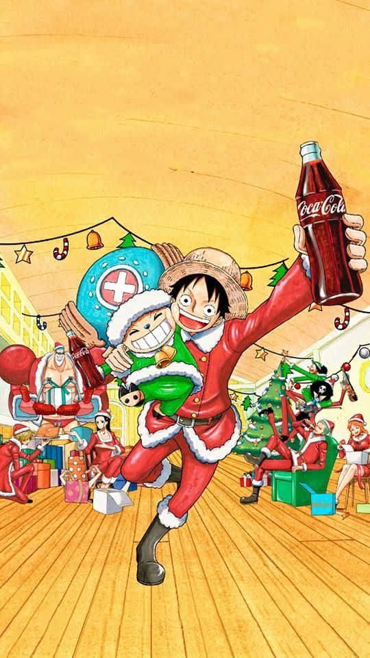 動漫男孩 桌布 壁紙 — 魯夫和喬巴穿著喜慶的紅色聖誕老人服裝，手持可口可樂瓶，與其他船員在聖誕派對上歡快地跳舞。