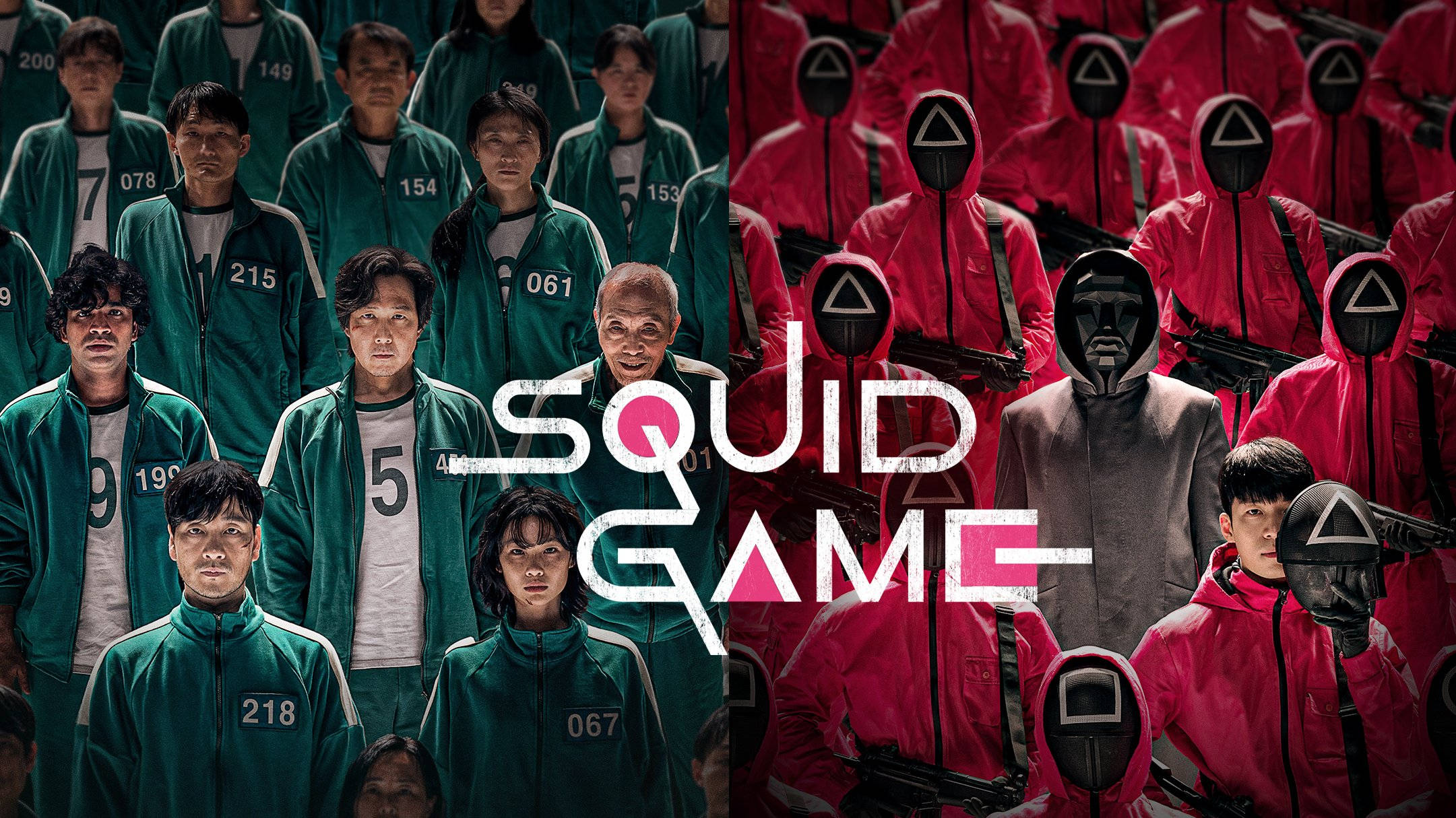 game 桌布 壁紙 — 《魷魚遊戲》節目中穿著綠色運動服的參賽者和戴面具的紅色警衛的分屏畫面。