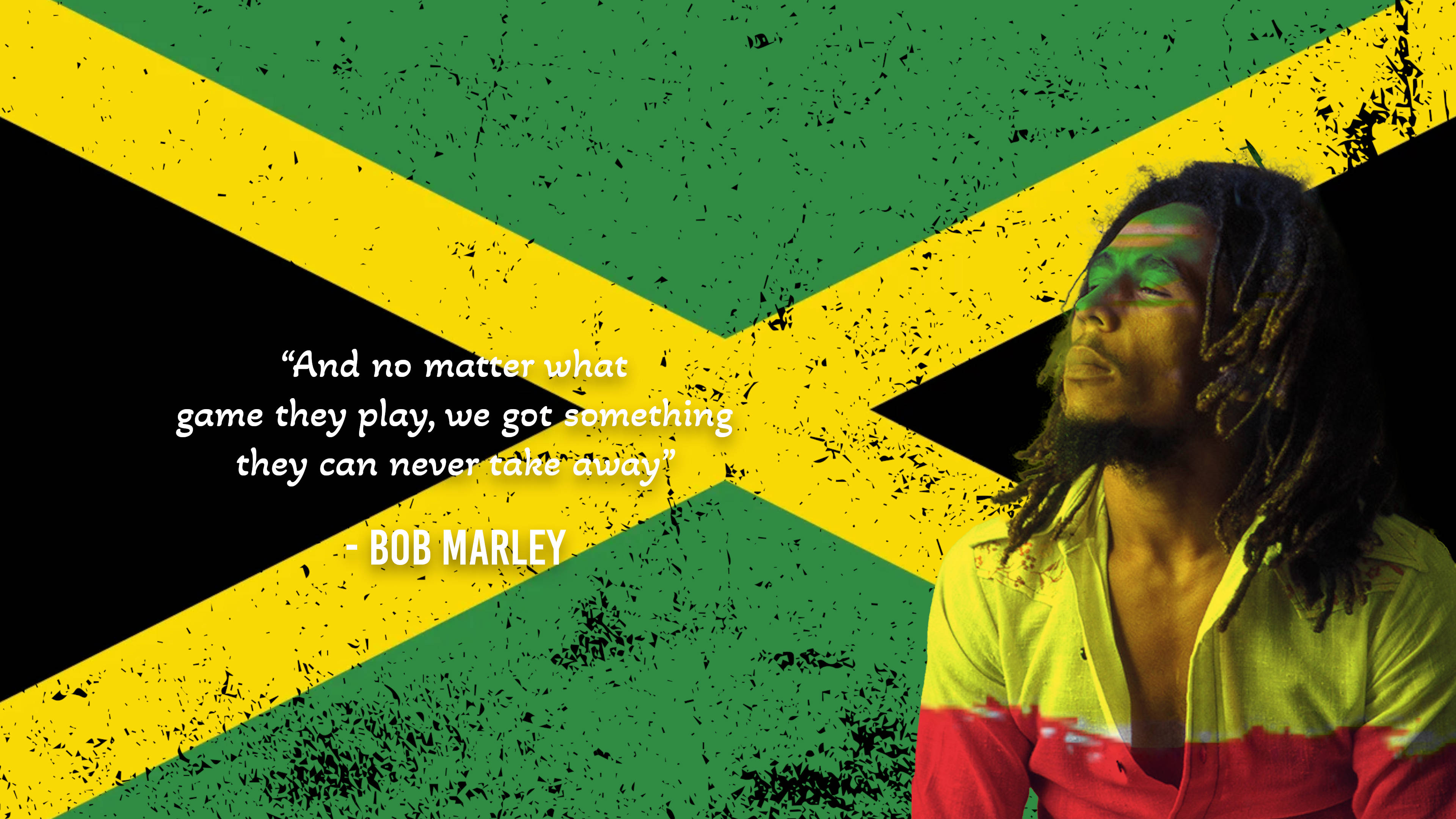 Bob Marley 桌布 壁紙 — 鮑勃·馬利的肖像，背景是磨損的牙買加國旗，上面覆蓋著他的標誌性名言。