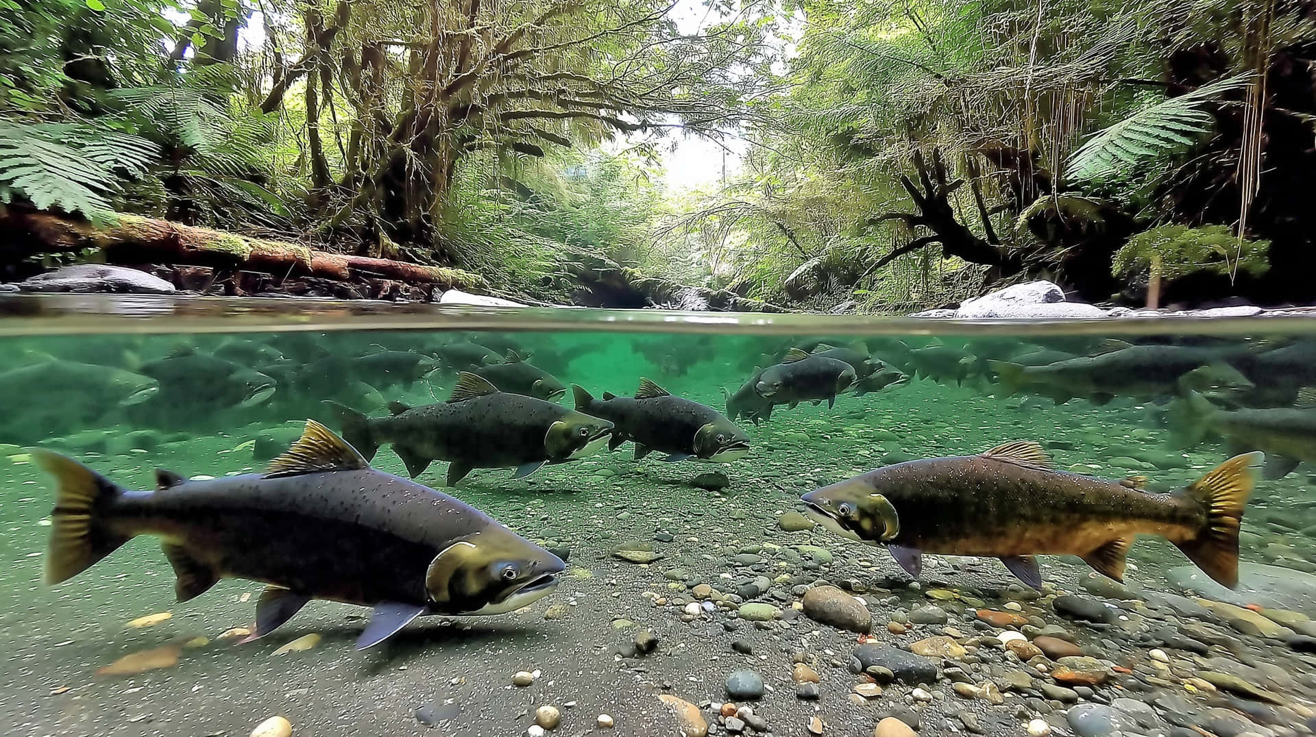 Salmon's Underwater View: Looking into the Depth Below 壁紙 — 鮭魚在清澈的水中游過岩石河床，上方是茂密的綠色森林樹冠。