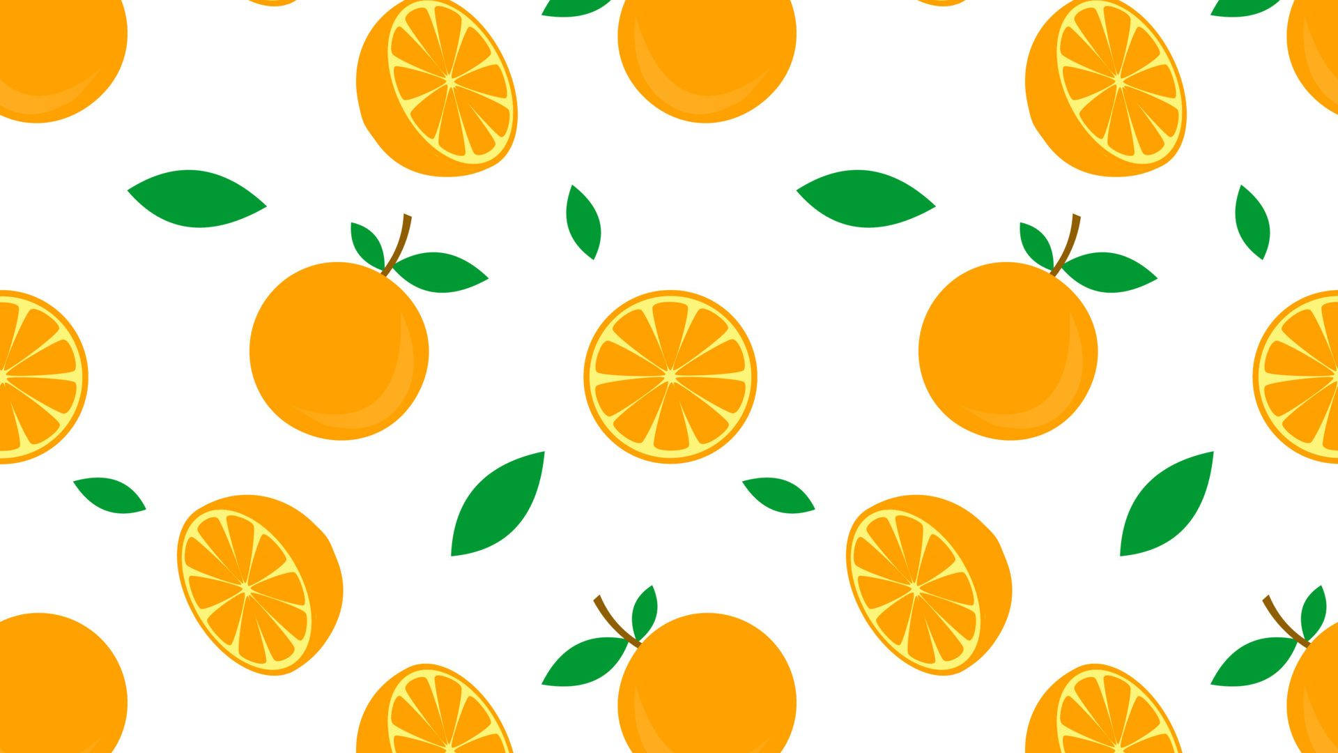 Orange Fruit 桌布 壁紙 — 鮮亮的橙色柑橘類水果和葉子散落在潔白的背景上，形成俏皮的重複圖案。