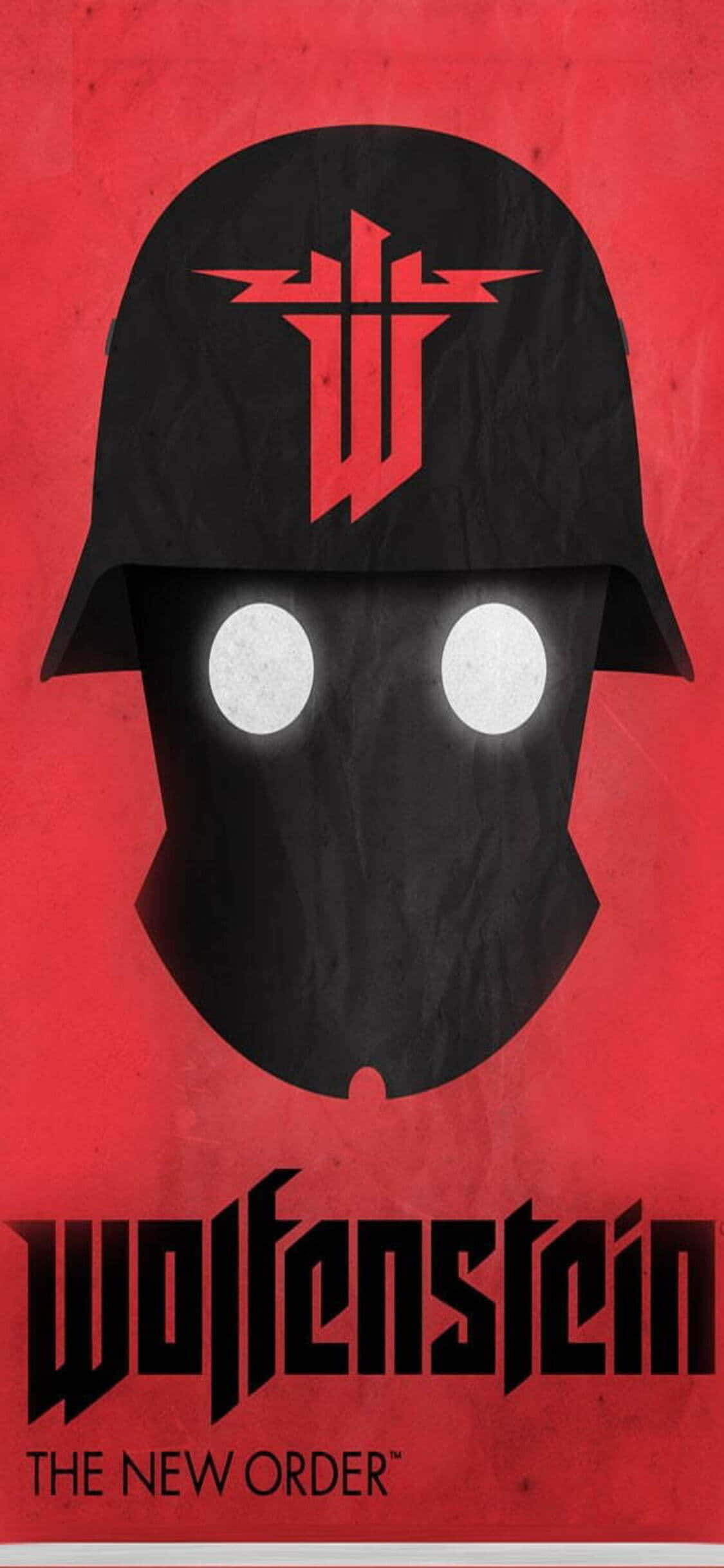 iPhone Xs Wolfenstein Ii 桌布 壁紙 — 鮮明的紅色背景上有一個黑色頭盔，帶有發光的白色眼睛和紅色風格化標誌，下方大膽顯示標題 Wolfenstein The New Order。