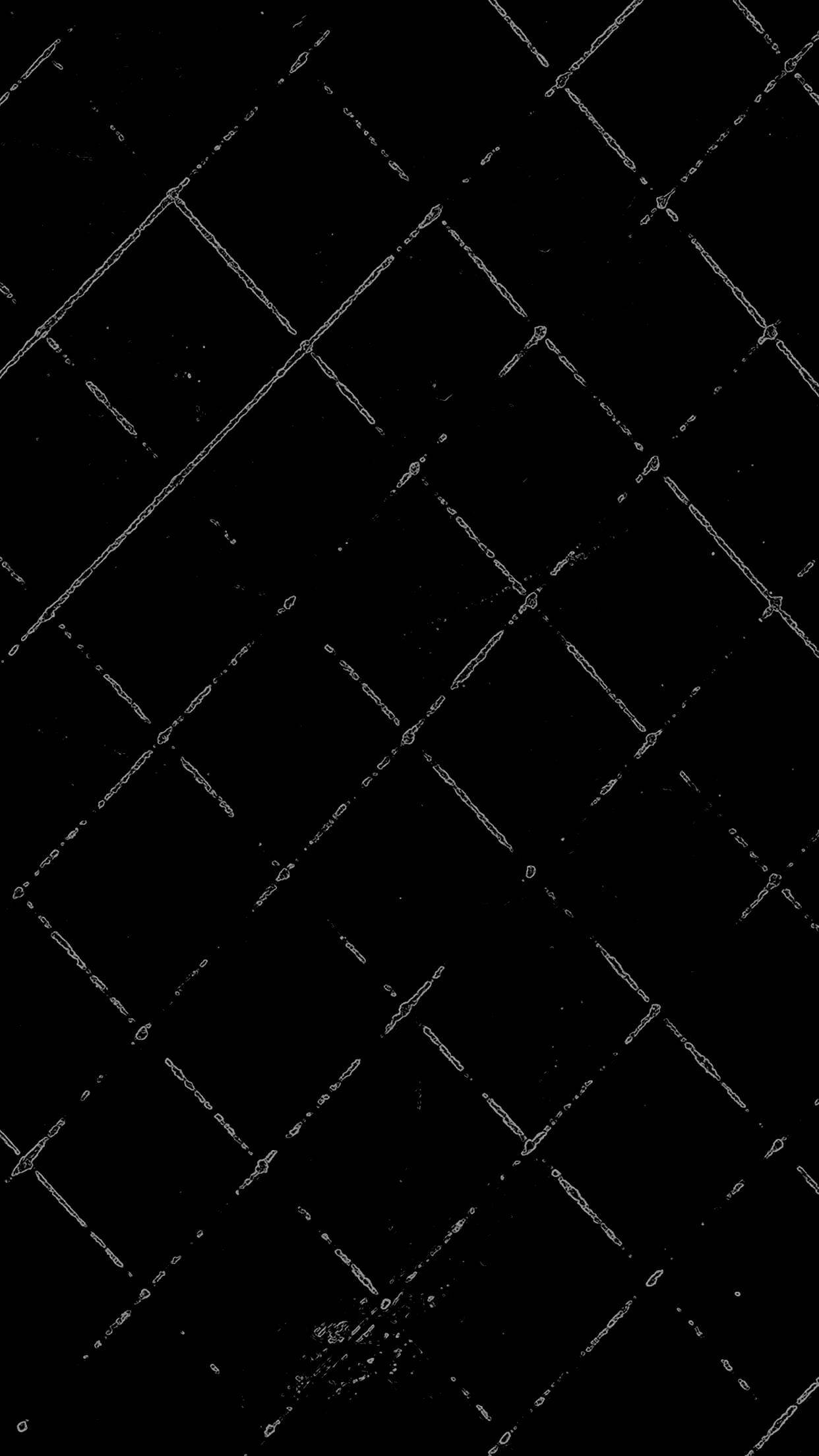 black and white aesthetic grid 桌布 壁紙 — 鮮明的黑色背景，帶有精緻的白色幾何格子圖案和散落的斑點。