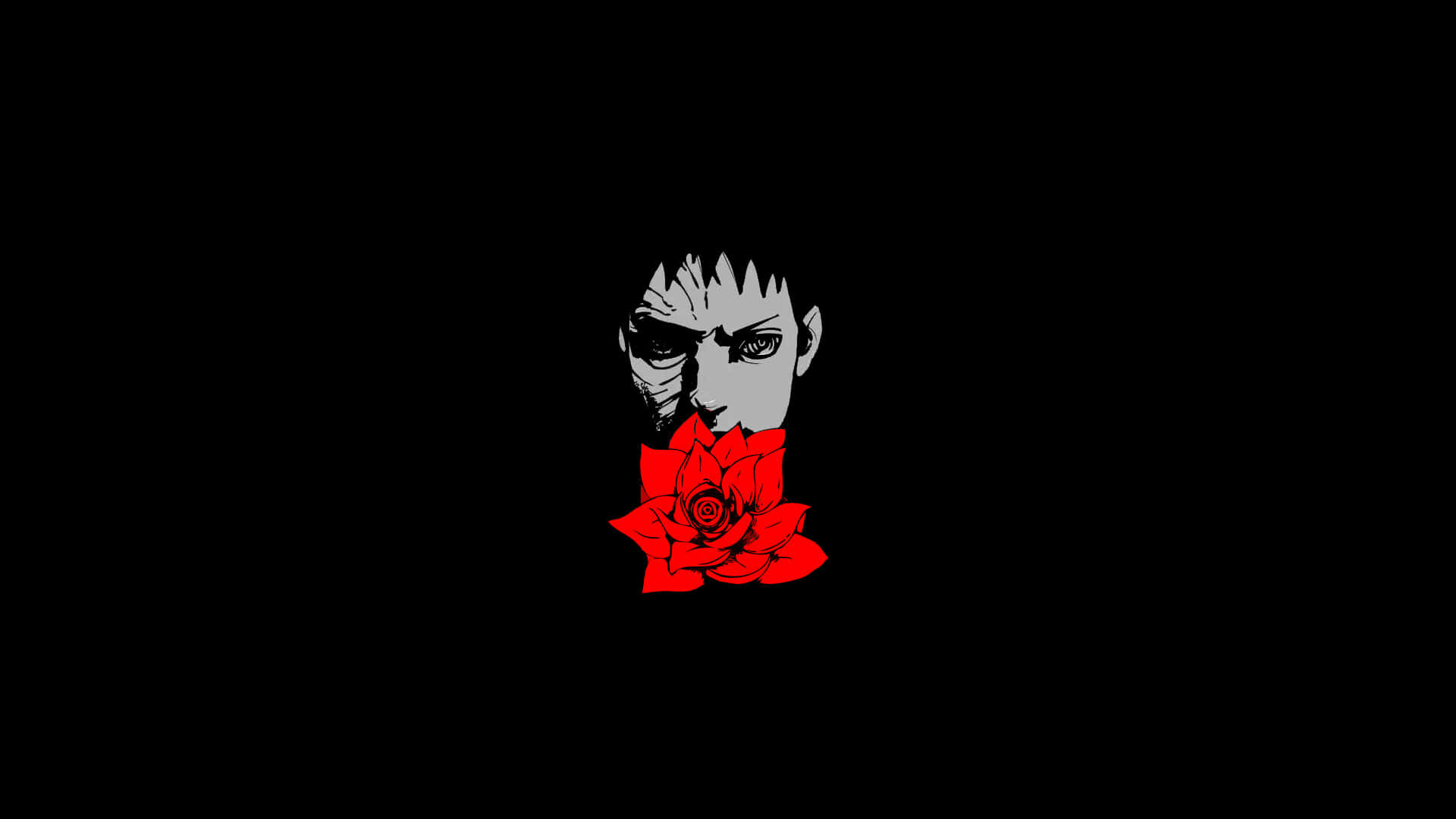 Obito Uchiha 桌布 壁紙 — 鮮明的黑色背景上有一個灰色動漫風格的臉龐，一朵紅玫瑰遮住了它的嘴巴。