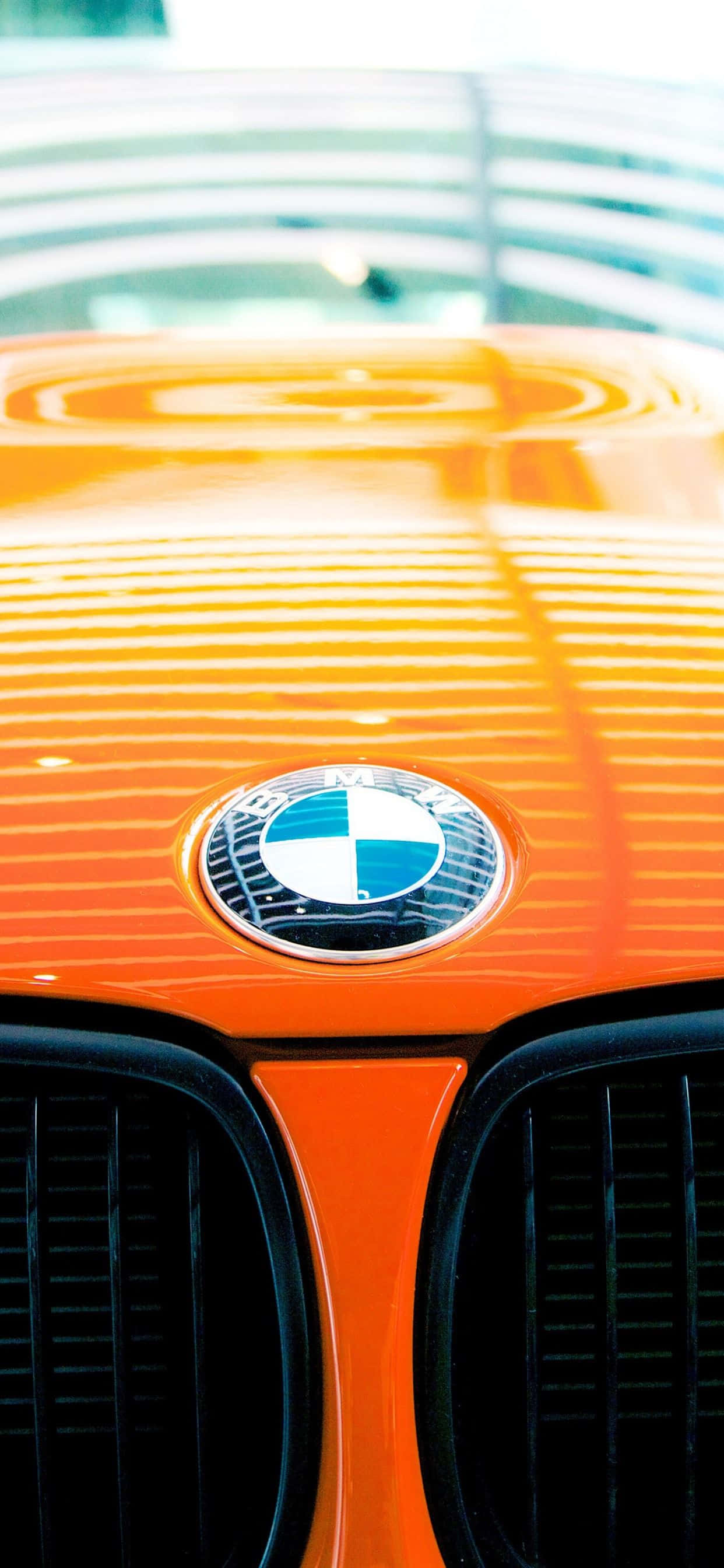 Bmw Logo 桌布 壁紙 — 鮮橙色BMW汽車引擎蓋的特寫，帶有標誌性圓形標誌和黑色腎形格柵，在明亮光線下。