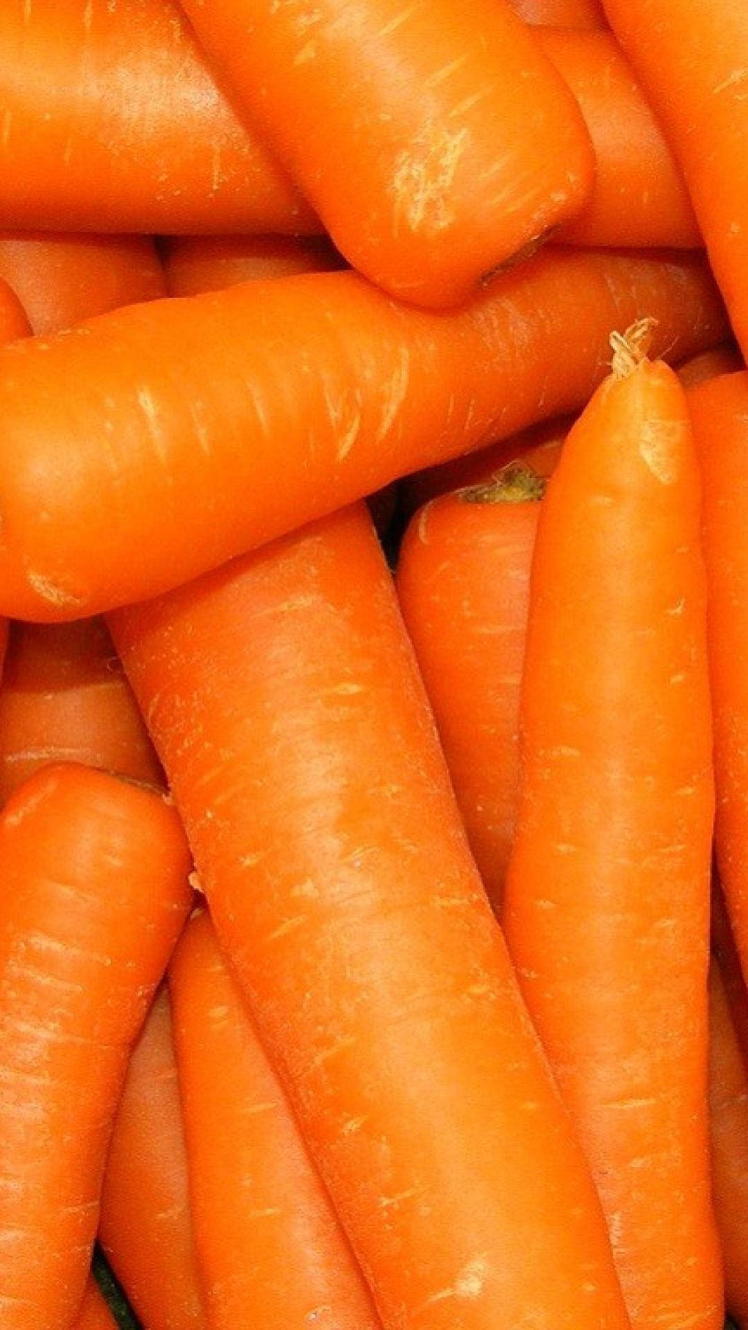 Carrot 桌布 壁紙 — 鮮橙色胡蘿蔔的特寫，表皮有紋理，綠色頂部微微露出。